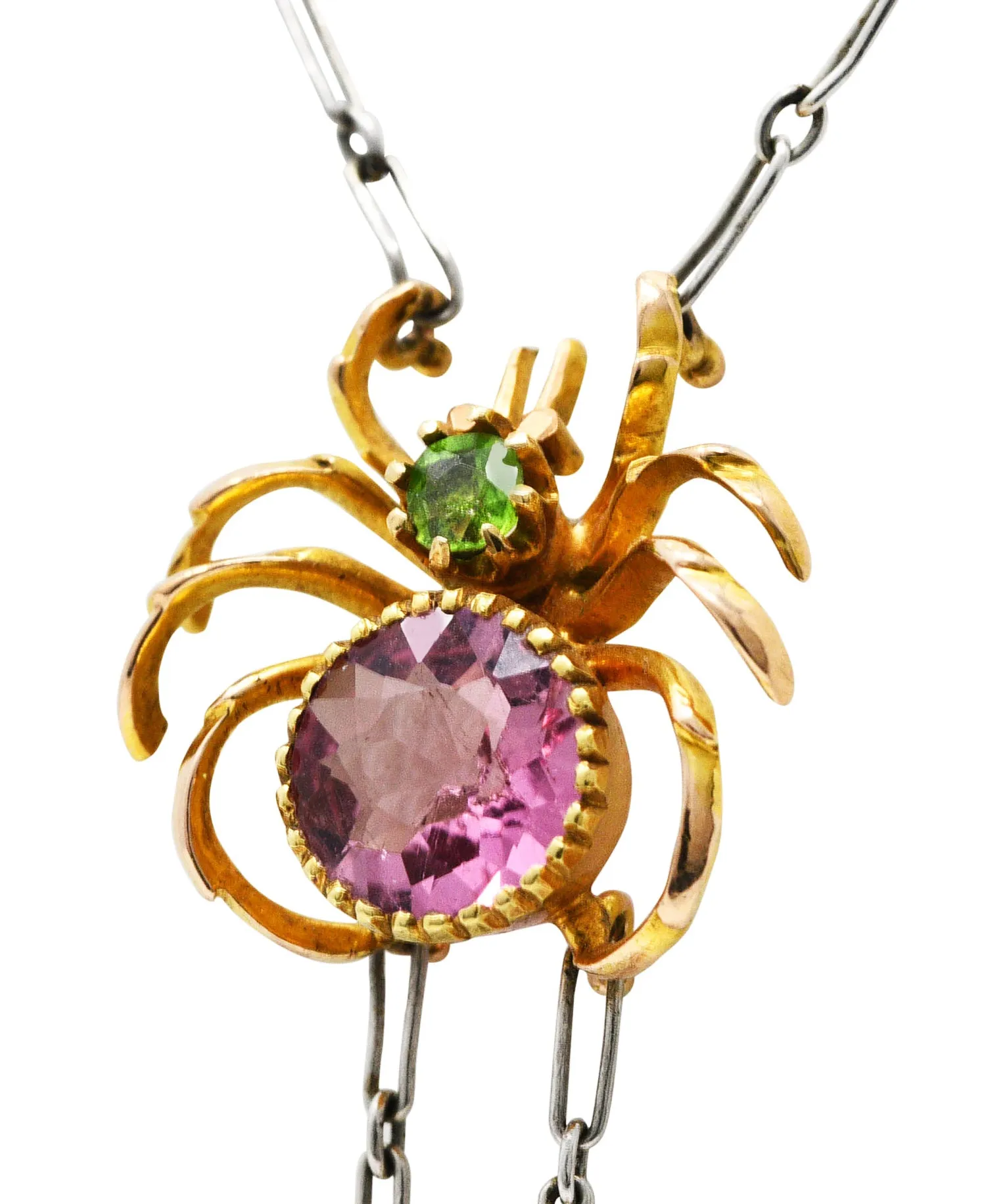 Edwardian Pink Tourmaline Demantoid Garnet Baroque Pearl Platinum 14 Karat Yellow Gold Spider Antique Negligeé Necklace