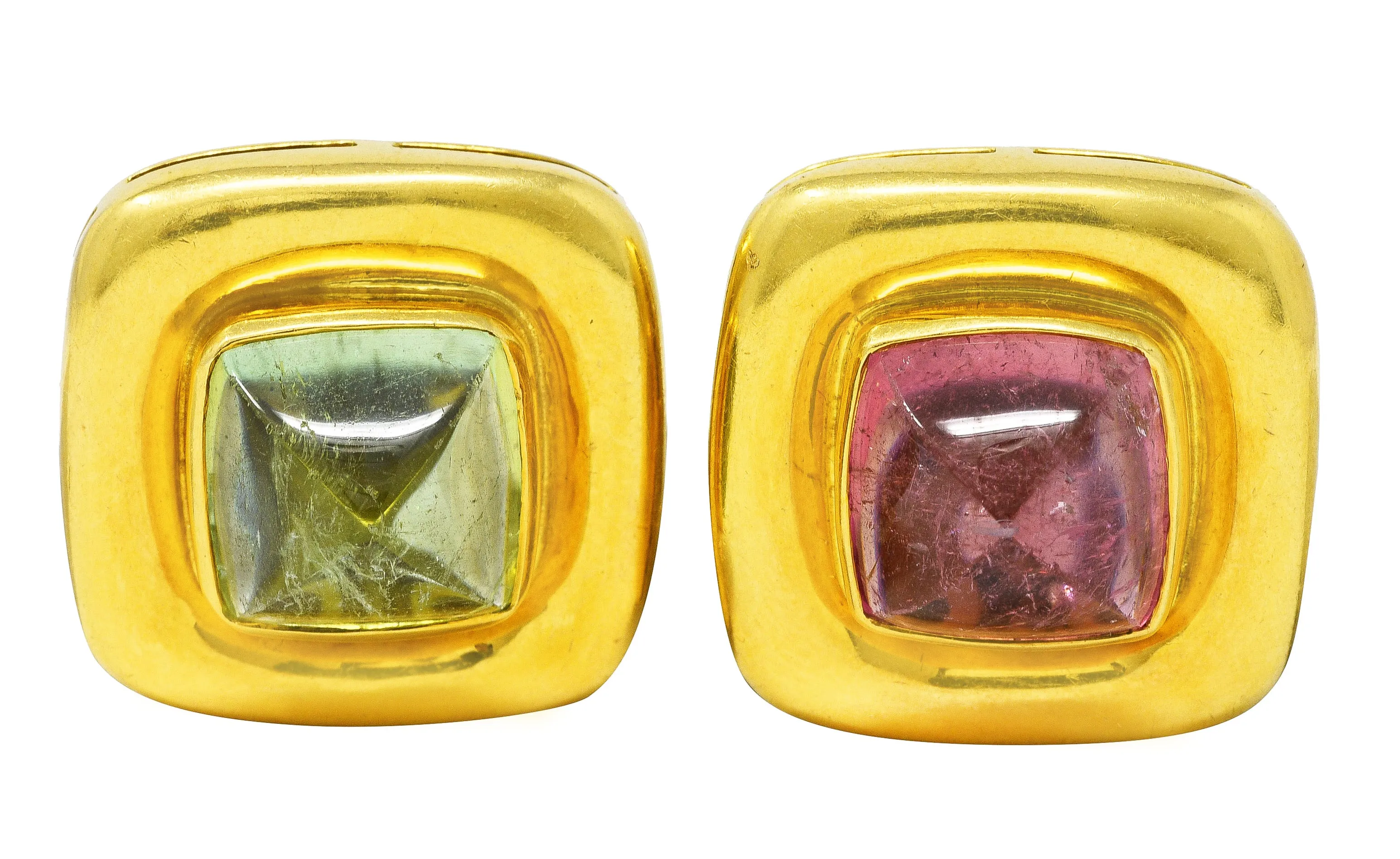 Elizabeth Locke Pink & Green Tourmaline 18 Karat Yellow Gold Vintage Gemstone Cabochon Earrings