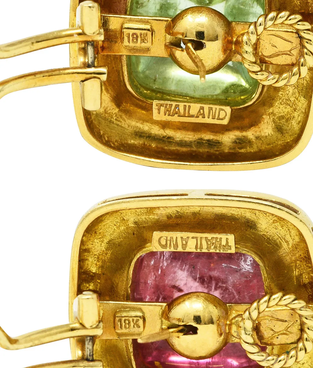 Elizabeth Locke Pink & Green Tourmaline 18 Karat Yellow Gold Vintage Gemstone Cabochon Earrings