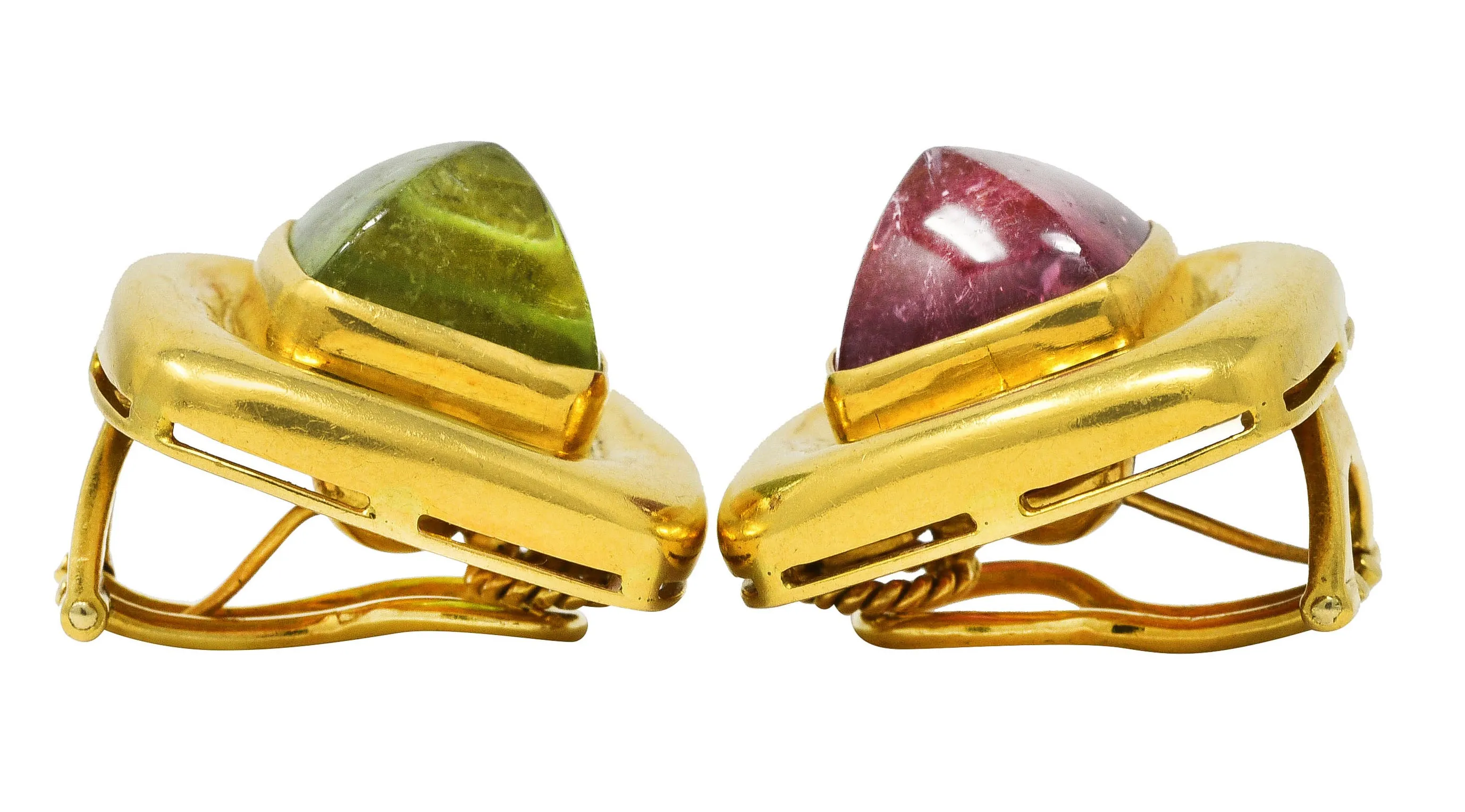 Elizabeth Locke Pink & Green Tourmaline 18 Karat Yellow Gold Vintage Gemstone Cabochon Earrings