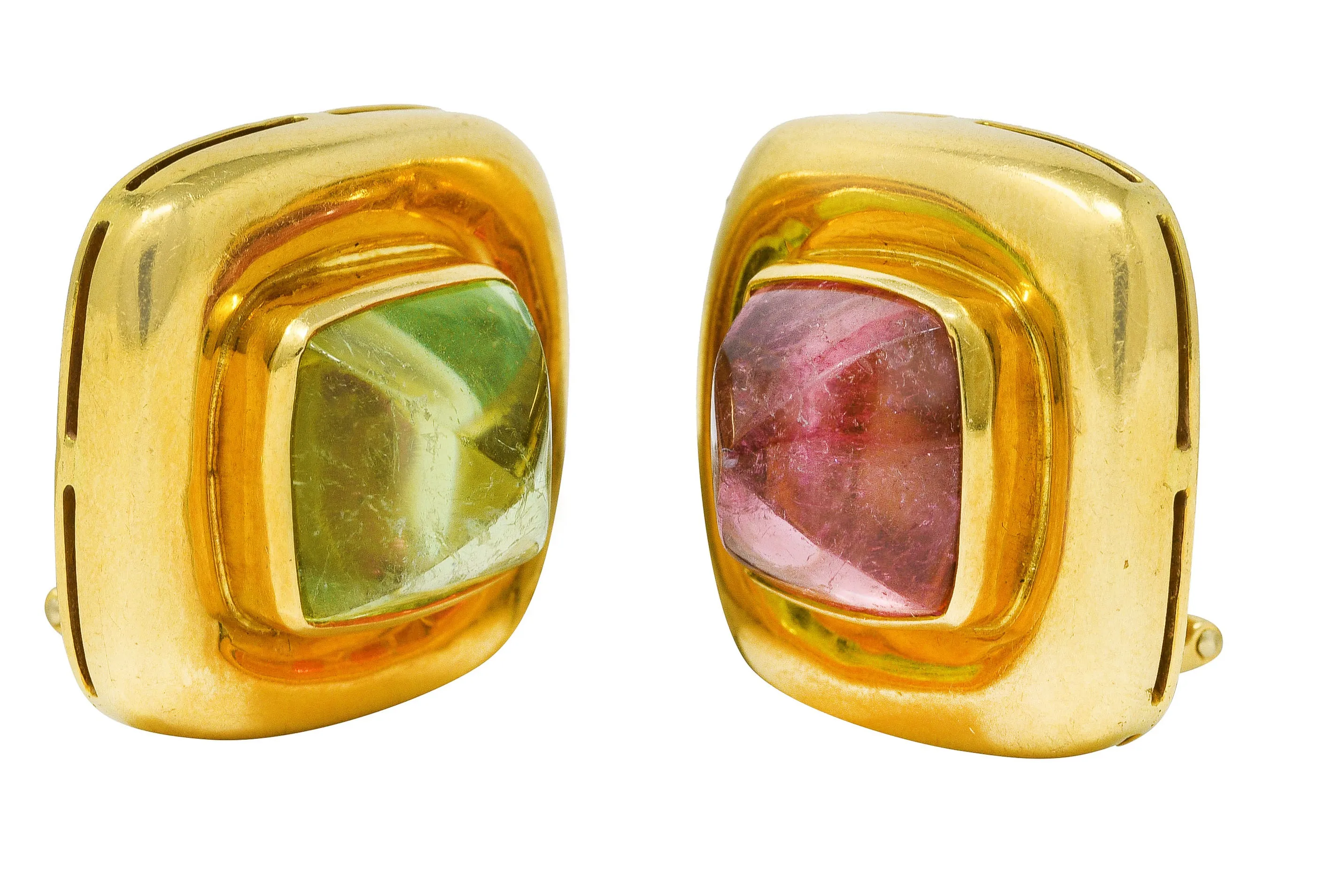 Elizabeth Locke Pink & Green Tourmaline 18 Karat Yellow Gold Vintage Gemstone Cabochon Earrings