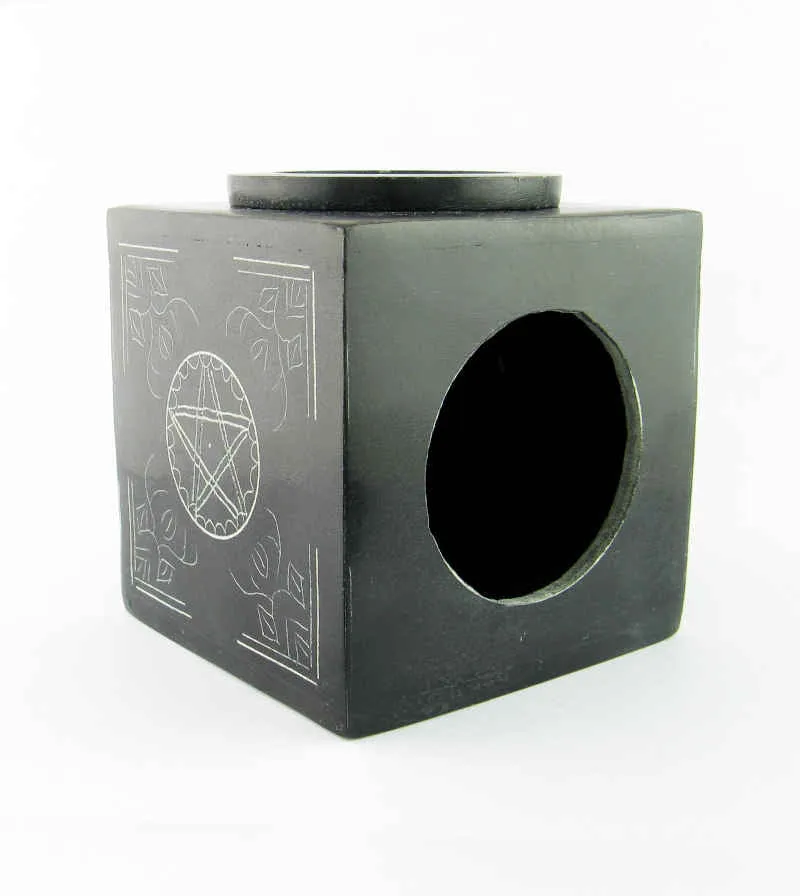 Etched Pentacle Soapstone Oil Diffuser, 3 Black Cube