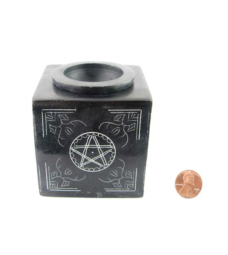 Etched Pentacle Soapstone Oil Diffuser, 3 Black Cube