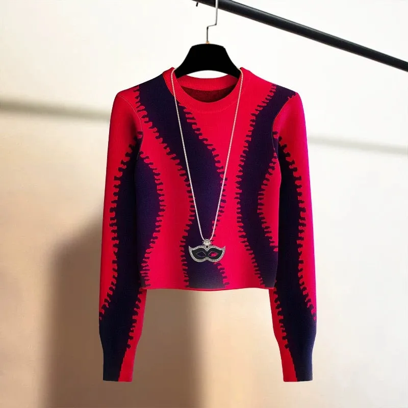 European jacquard color matching high-end western-style pullover sweater for women winter warm slimming sweater outer loose top
