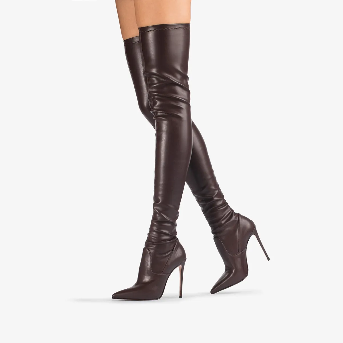 EVA THIGH-HIGH BOOT 120 mm Ebony brown stretch vegan leather over-the-knee boot