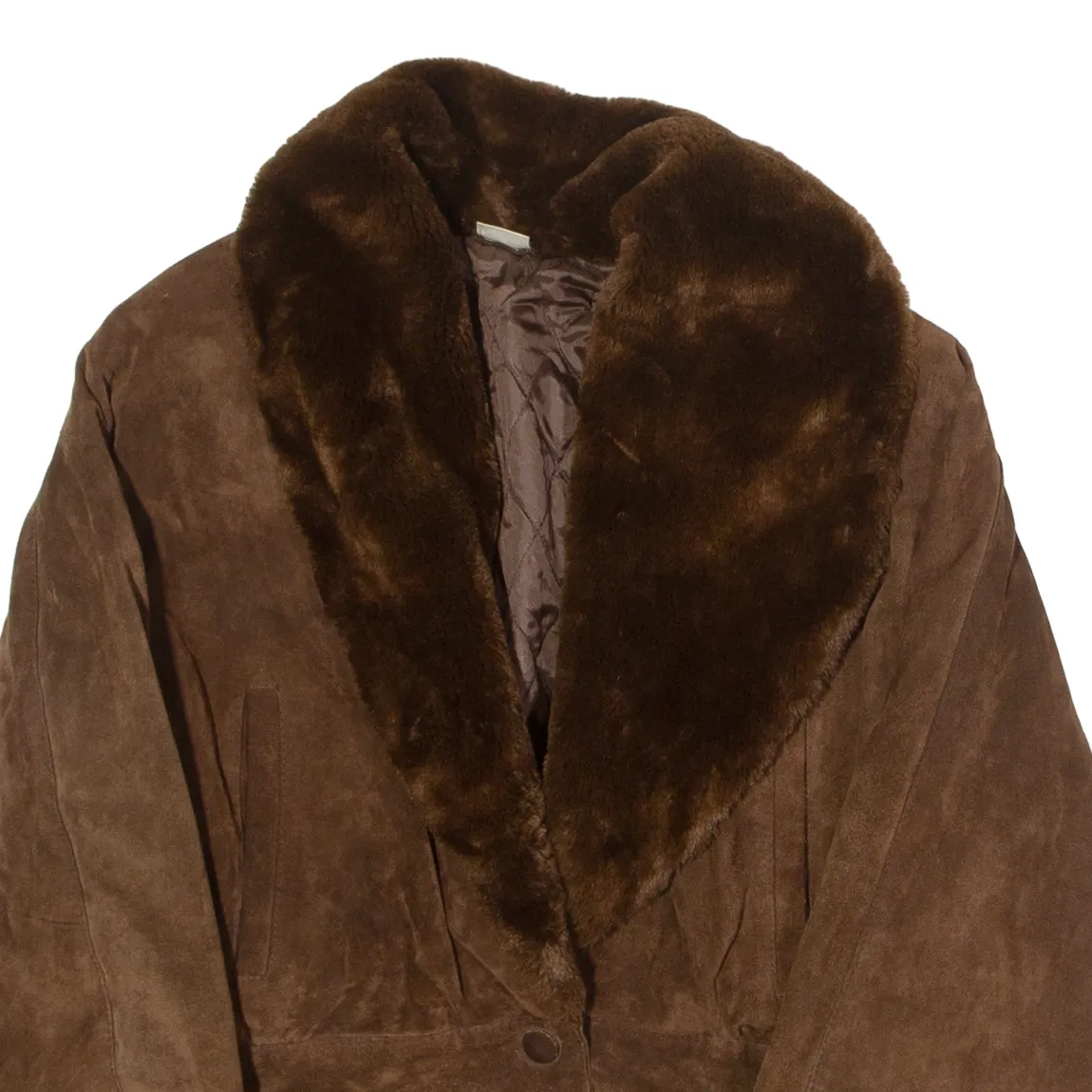 Faux Fur Trim Womens Overcoat Jacket Brown Leather Suede 90s UK 6