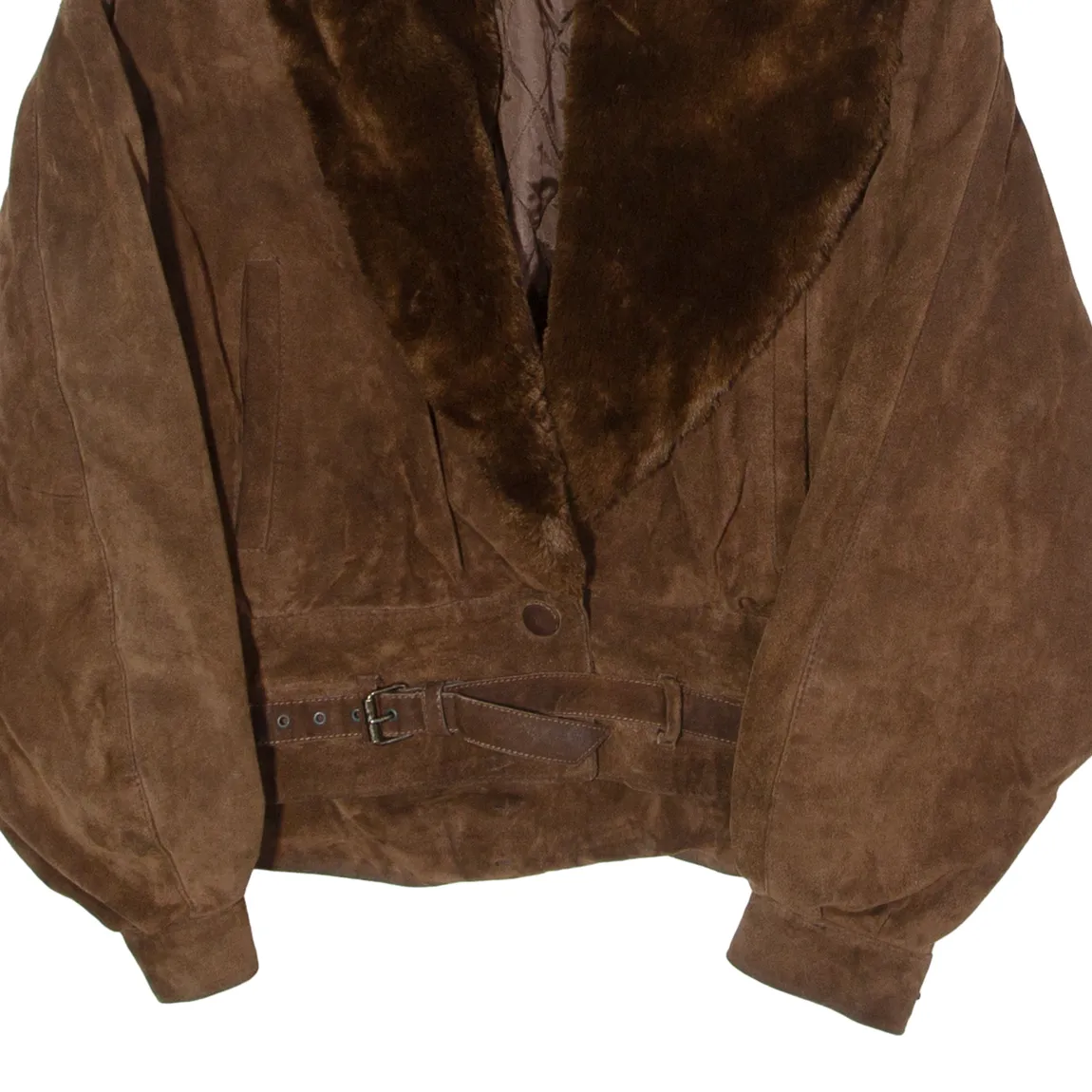 Faux Fur Trim Womens Overcoat Jacket Brown Leather Suede 90s UK 6