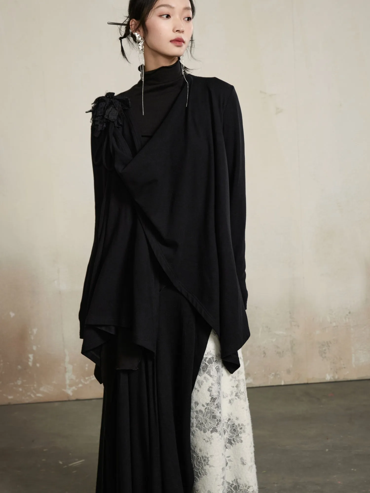 Flower-Motif Classy Loose Asymmetry Drape Cardigan