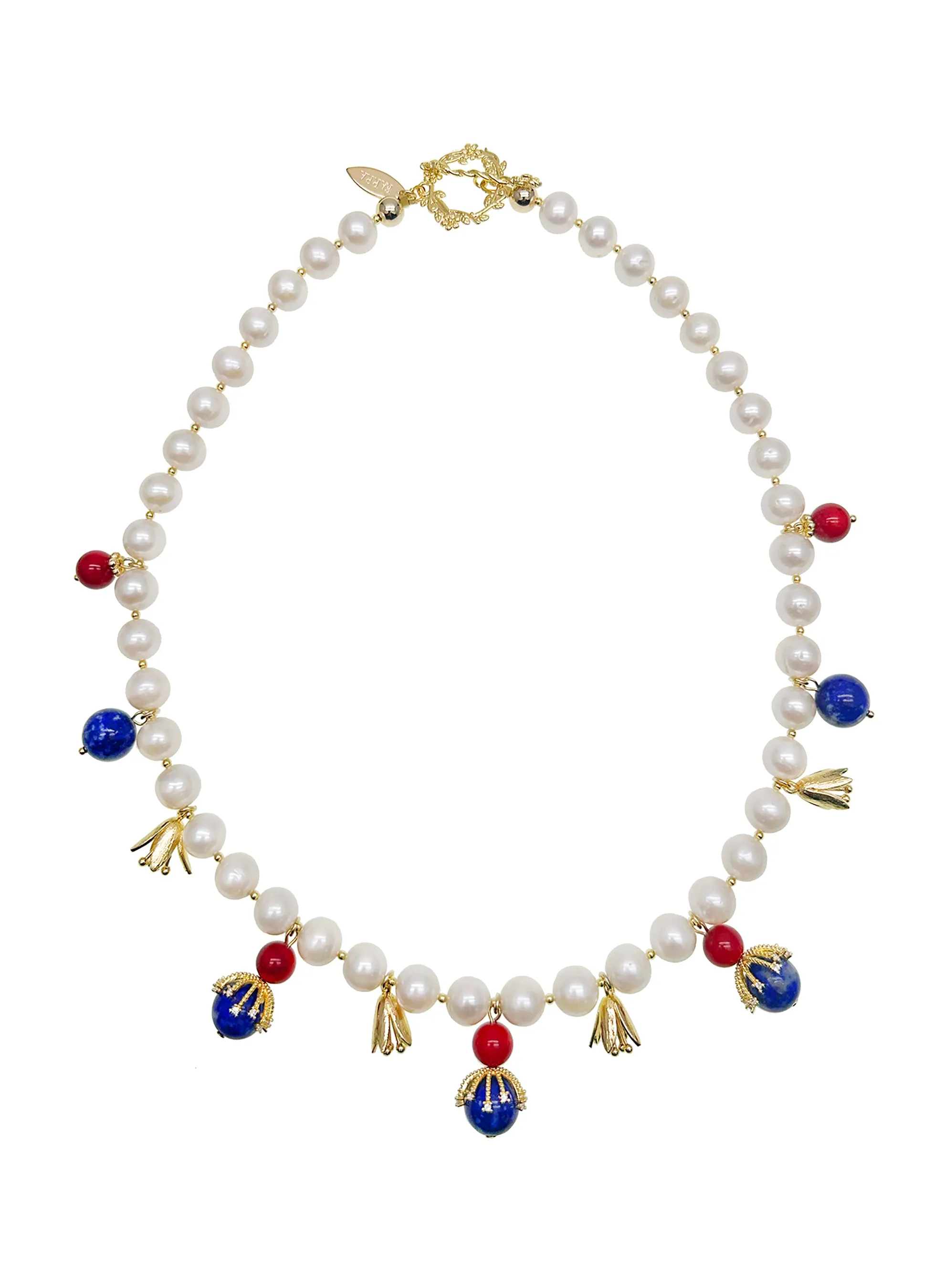 Freshwater Pearls With Lapis and Red Coral Pendents Necklace JN021