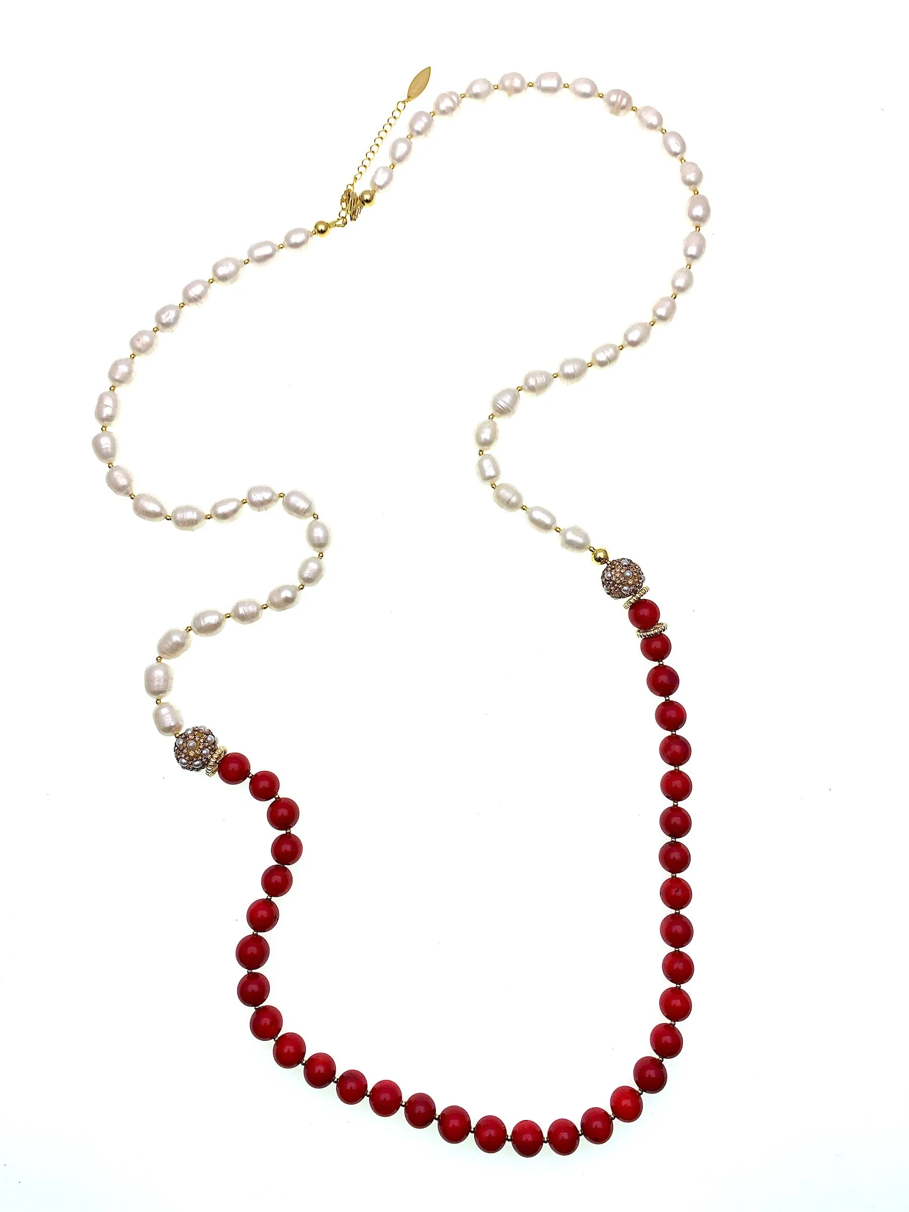 Freshwater Pearls with Red Corals Two Ways Necklace FN008