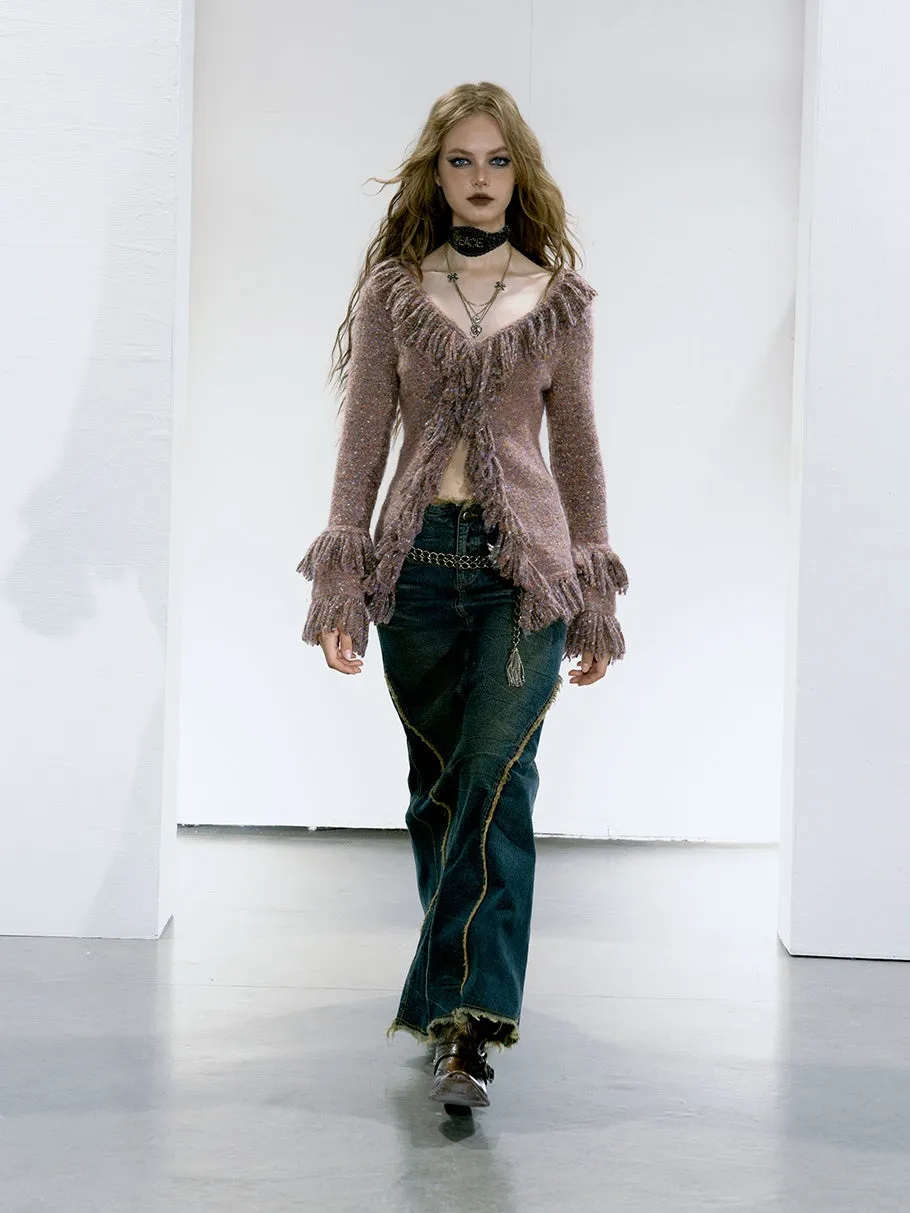 Fringed V-Neck Knitted Cardigan