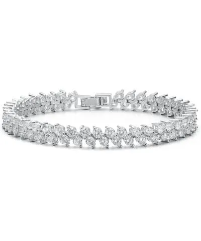 Genevive White Gold Plated With Cubic Zirconia 2-stone Cluster Link Tennis Bracelet