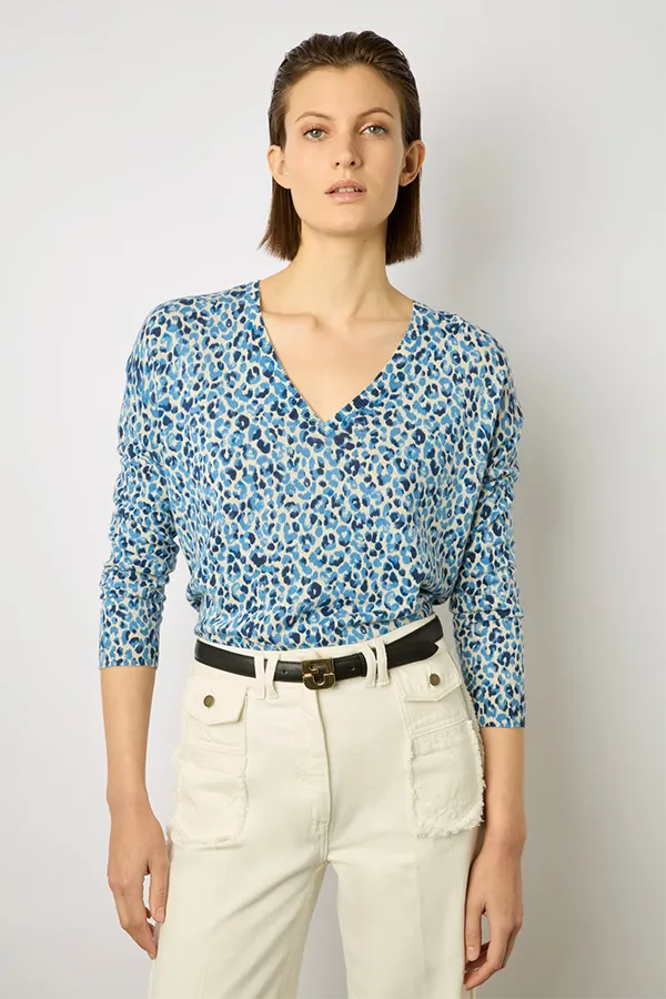 Gerard Darel LAURALIE LEOPARD PRINT LINEN COTTON V-NECK SWEATER