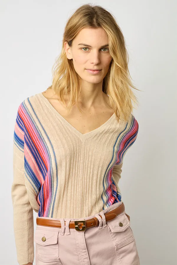 Gerard Darel LOUNA MULTICOLORED STRIPED LINEN V-NECK SWEATER