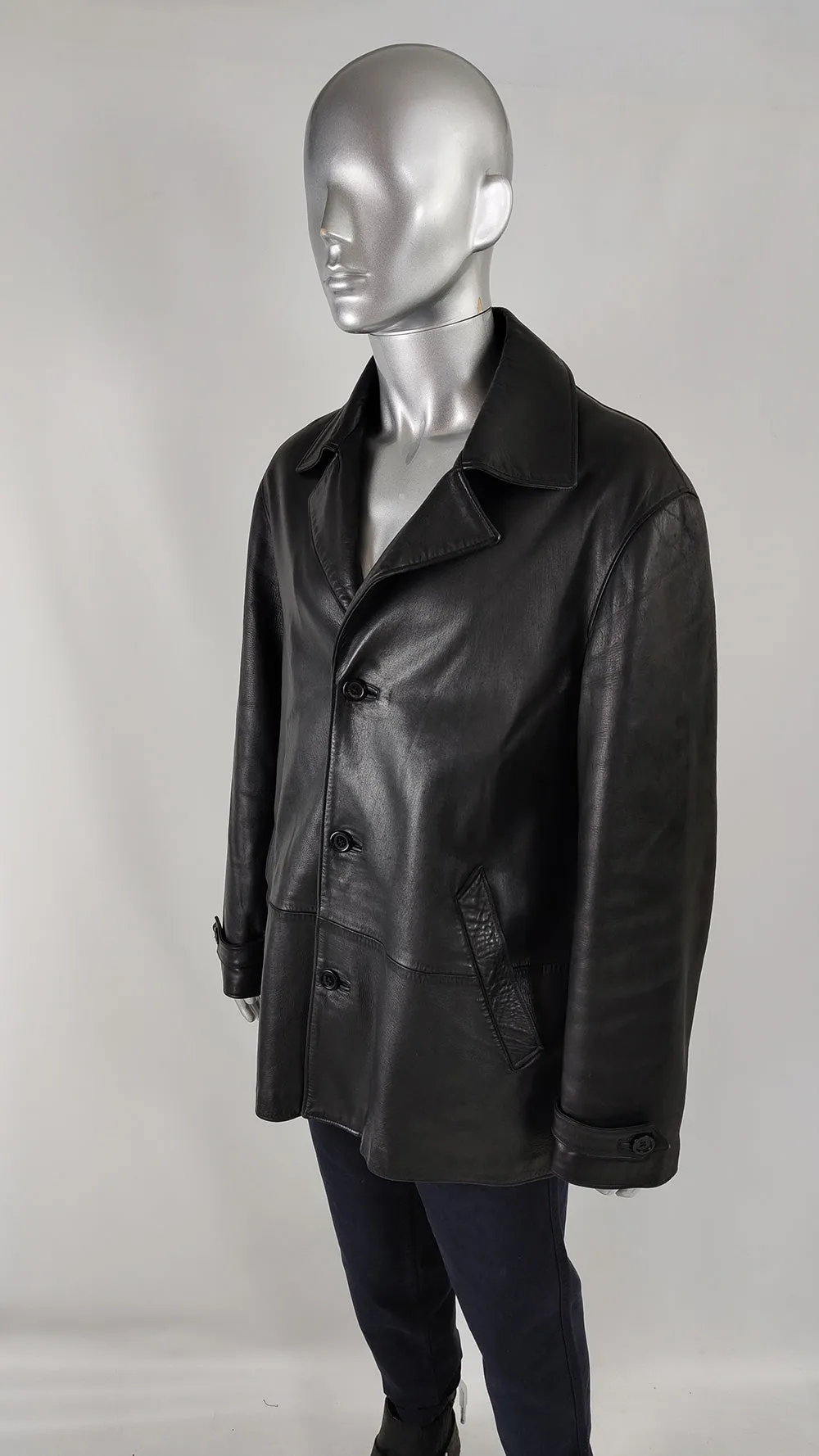 Gianni Versace Vintage Mens Black Leather Overcoat Jacket