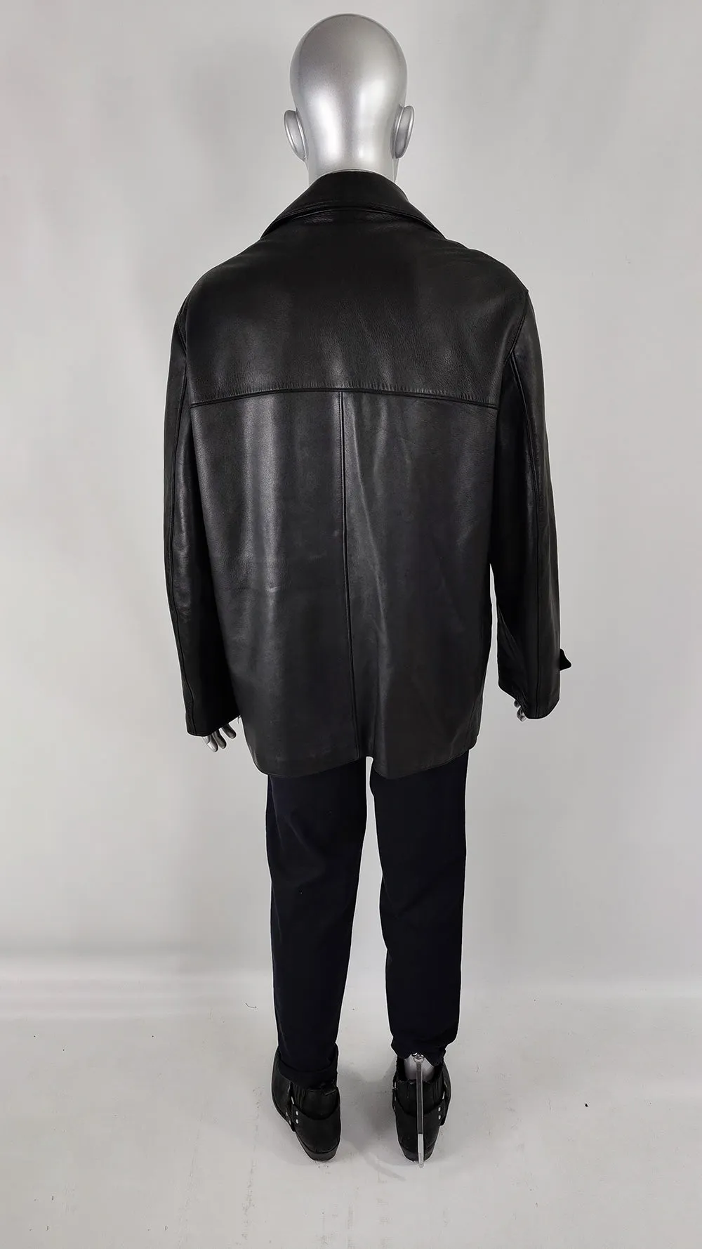 Gianni Versace Vintage Mens Black Leather Overcoat Jacket