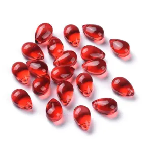 Glass Beads, Teardrop, Transparent, Top-Drilled, Red, 9mm