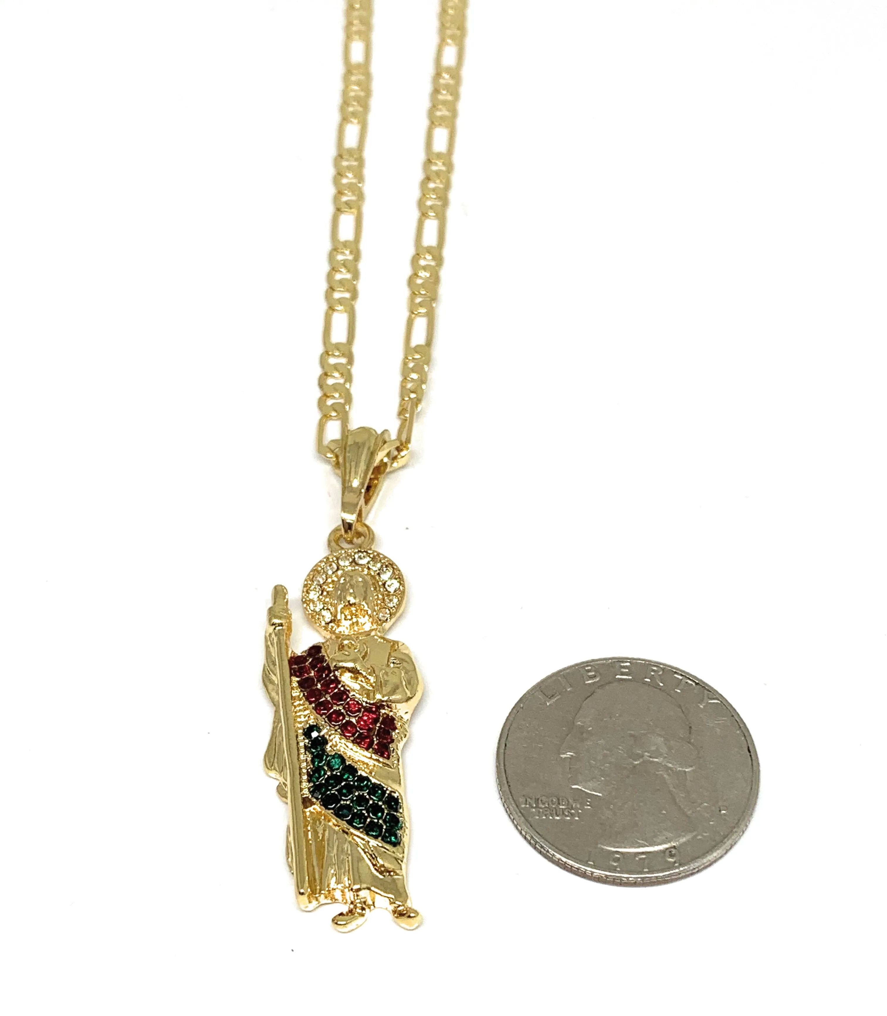 Gold Plated Saint Jude Pendant Red & Green CZ Necklace Figaro San Judas Tadeo Medalla 24 Figaro