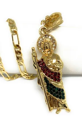 Gold Plated Saint Jude Pendant Red & Green CZ Necklace Figaro San Judas Tadeo Medalla 24 Figaro