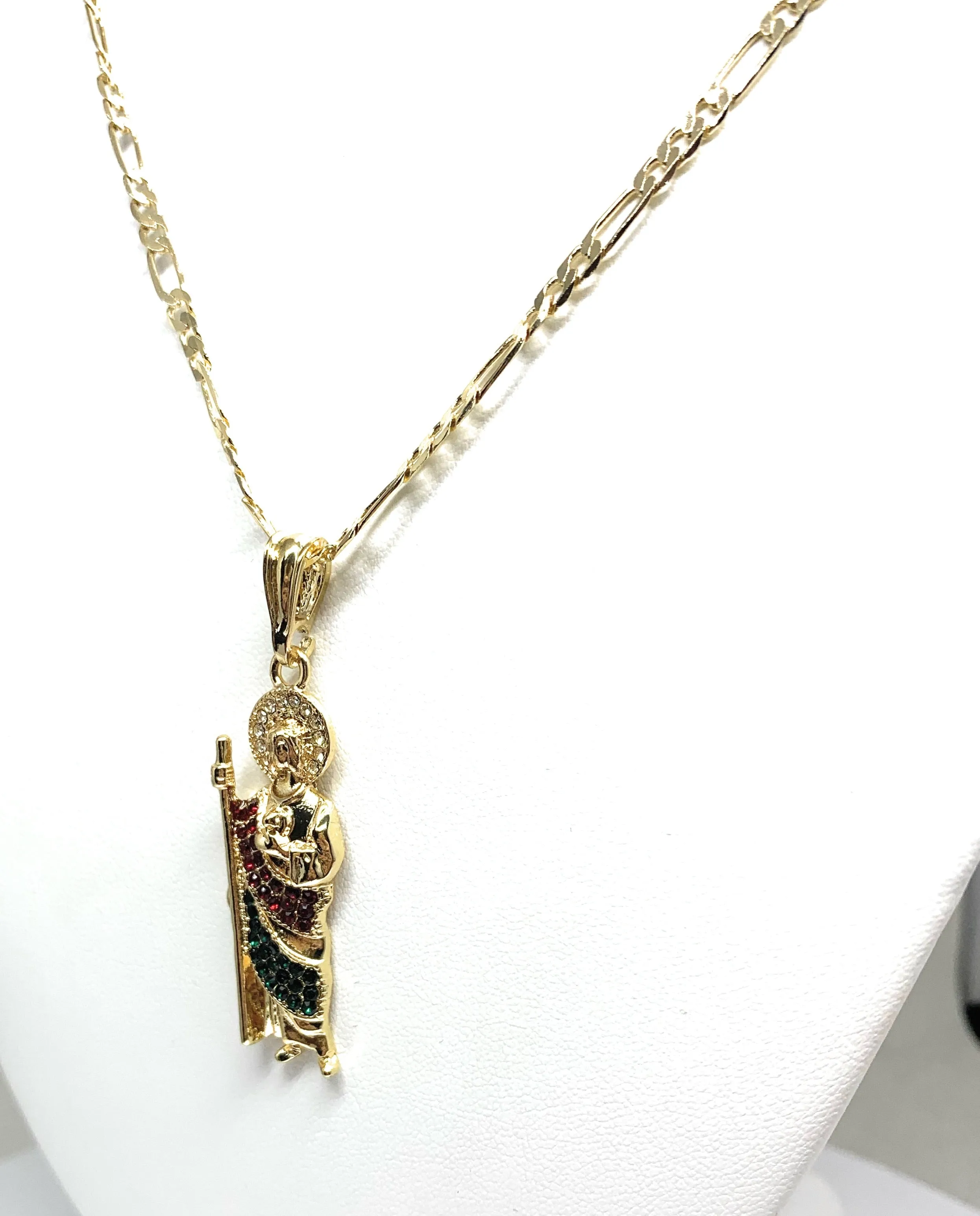 Gold Plated Saint Jude Pendant Red & Green CZ Necklace Figaro San Judas Tadeo Medalla 24 Figaro