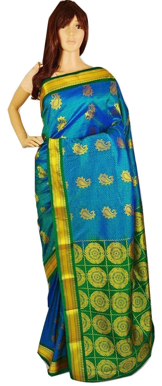 Green Shade Blue,Green & Gold Kanchipuram Silk  Saree