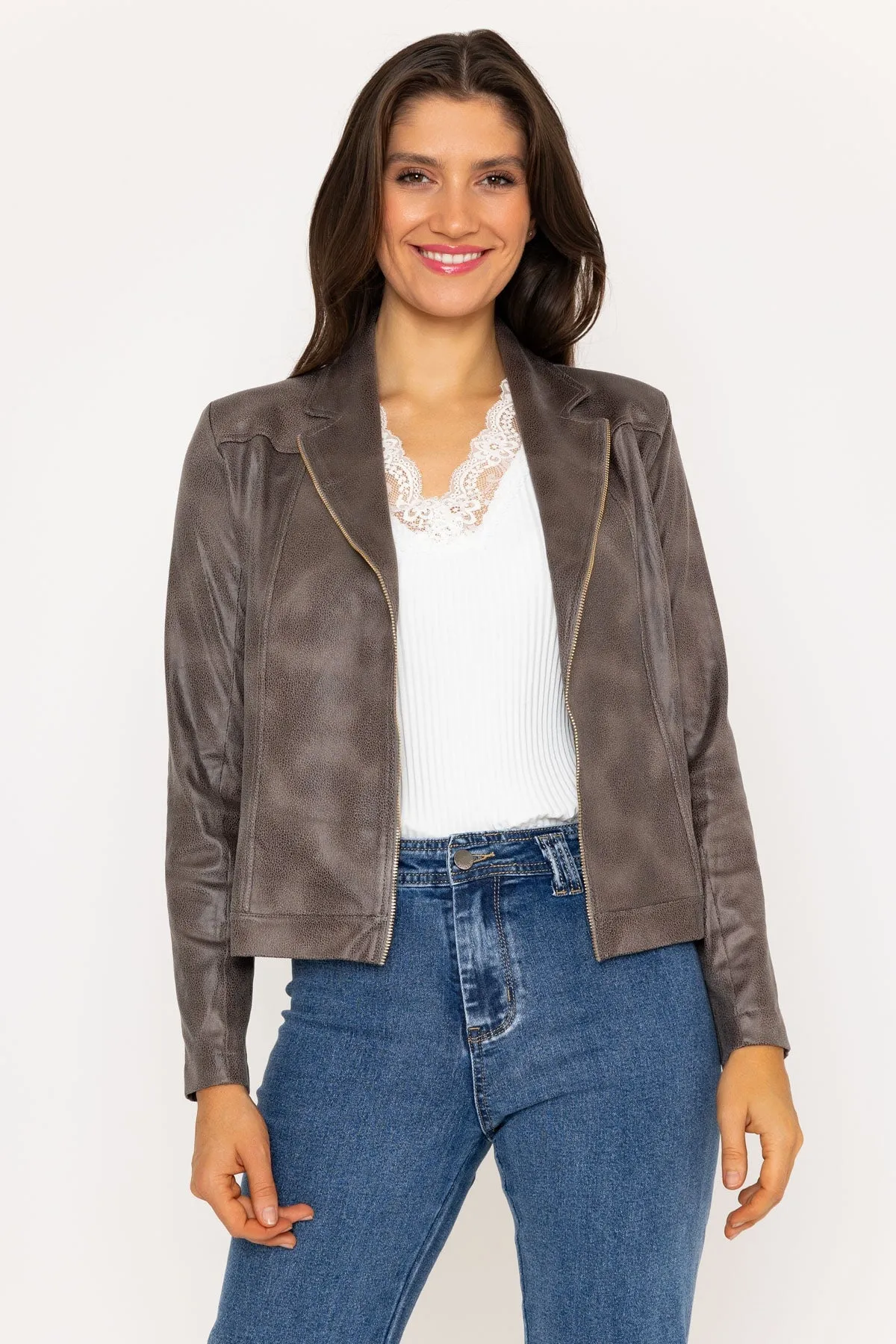 Grey Faux Leather Zip Jacket