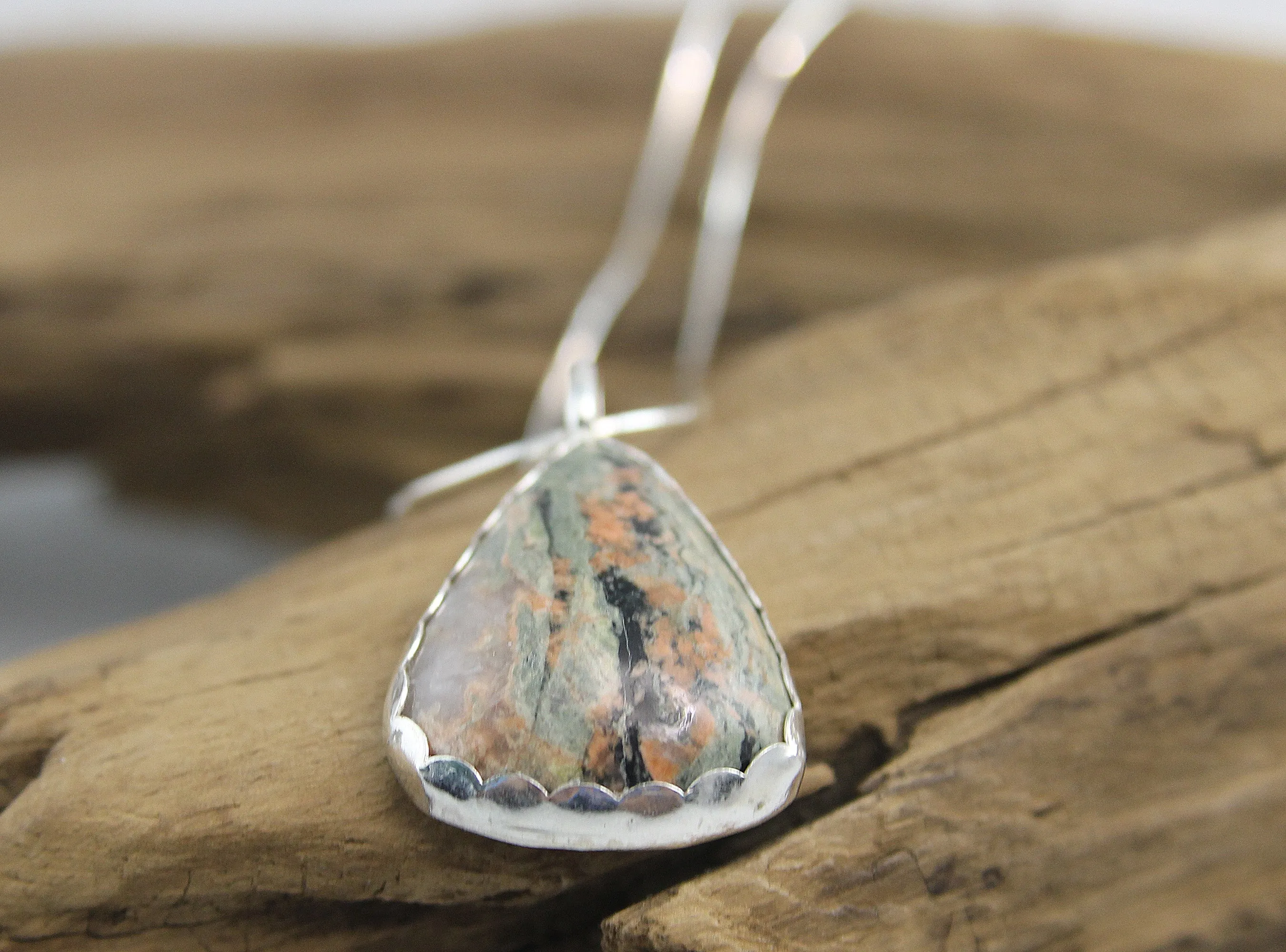 Handmade Triangular Stone Pendant Necklace | Chatham County, NC | Unique Green, Black, and Orangey Red Design