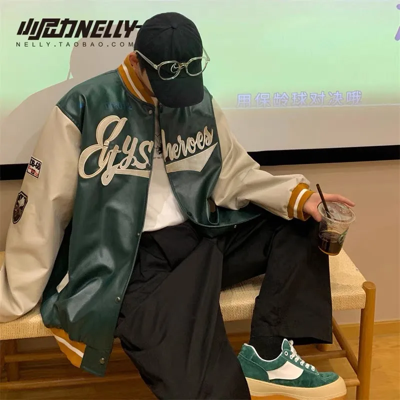 High street PU leather baseball jacket men's autumn and winter trendy brand ins spring and autumn large size jacket trendy men's
