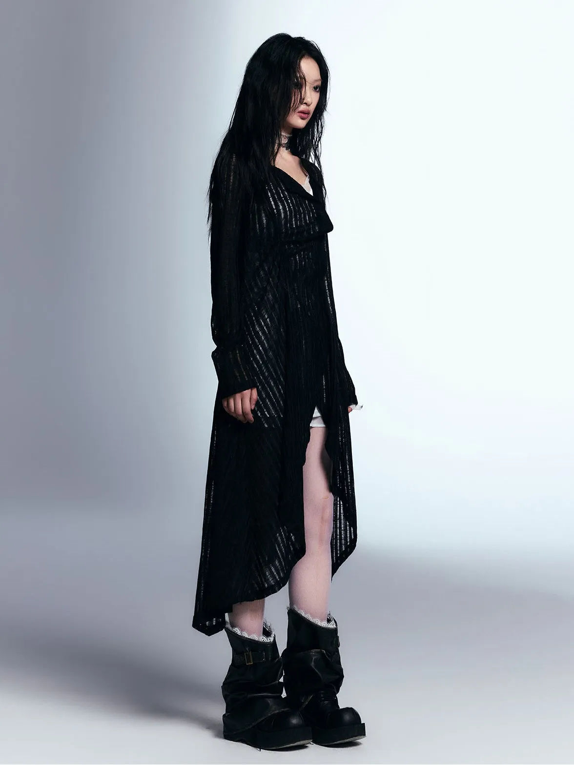 Hollow Striped Long Knitted Cardigan