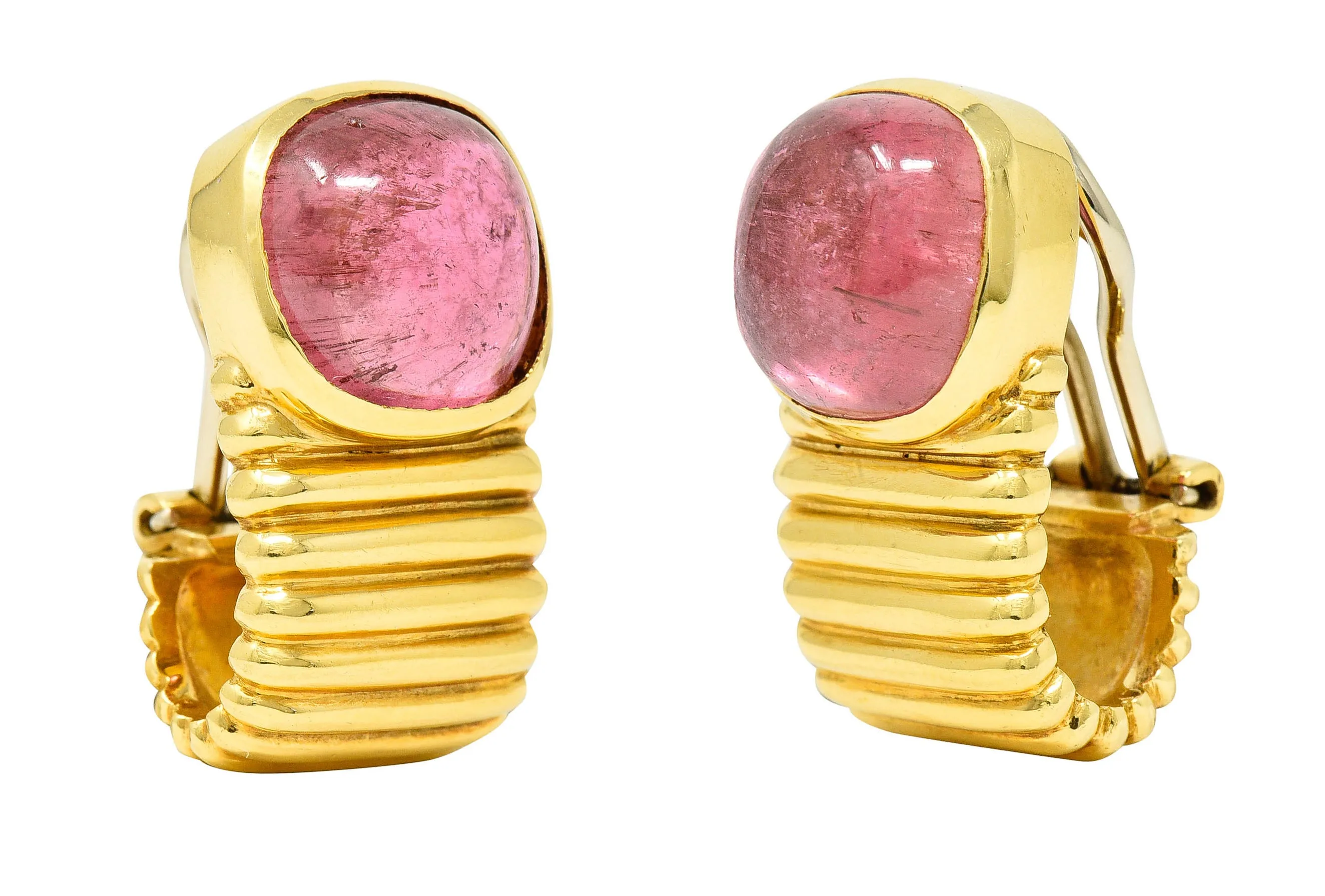 Italian Pink Tourmaline 18 Karat Gold J Hoop Earrings