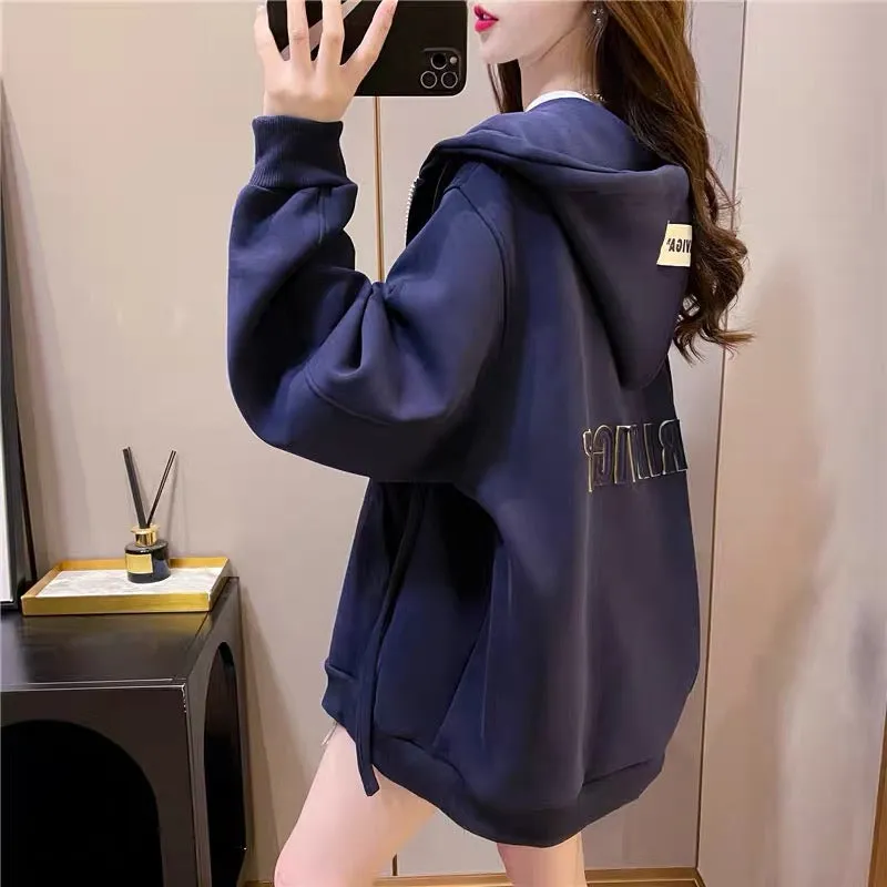 Jacket women's autumn casual versatile hooded sweatshirt 2023 loose short style high-end street casual cardigan autumn (J0249)