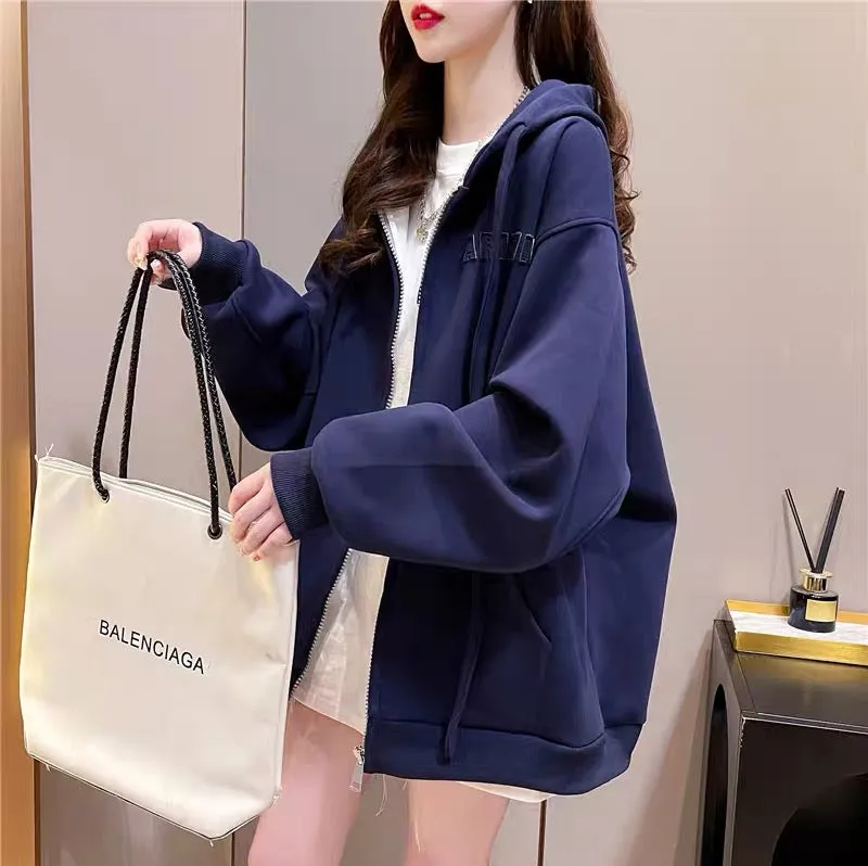 Jacket women's autumn casual versatile hooded sweatshirt 2023 loose short style high-end street casual cardigan autumn (J0249)