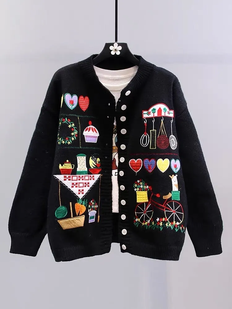 Japanese cartoon retro embroidery sweater jacket female autumn and winter 2023 new loose college style age-reducing knitted card