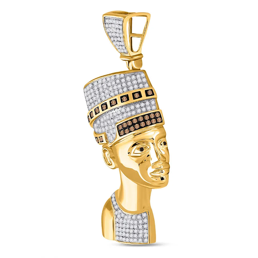 Keene Jewelers 10kt Yellow Gold Mens Round Red Color Enhanced Diamond Pharaoh Nefertiti Pendant 1 Cttw