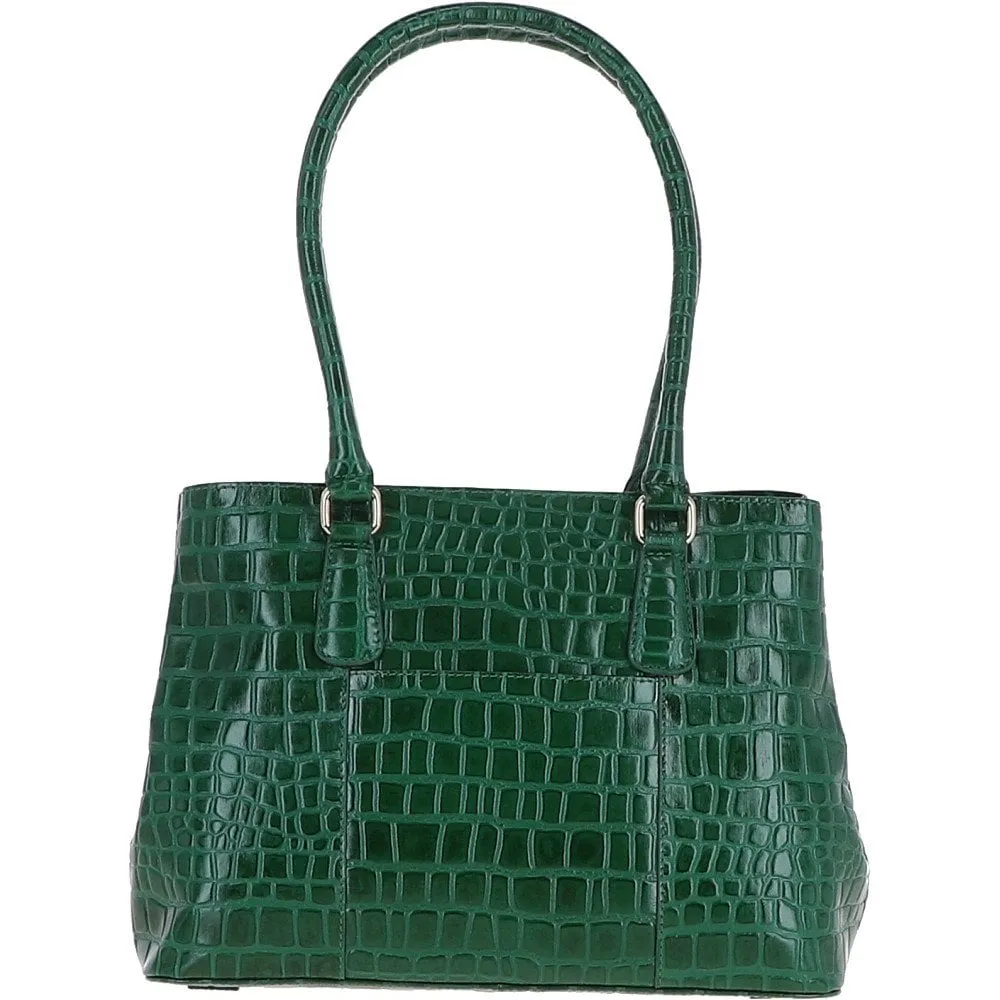 Ladies Crocodile Effect Bottle Green Leather Dual Compartment Shoulder Bag