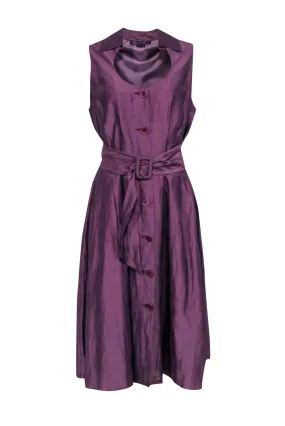 Lafayette 148 - Purple Sleeveless Button Front Waist Sash Dress Sz 14