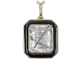 Large Tourmalted Quartz with Black Enamel Halo Pendant Charm 9K Gold R4248