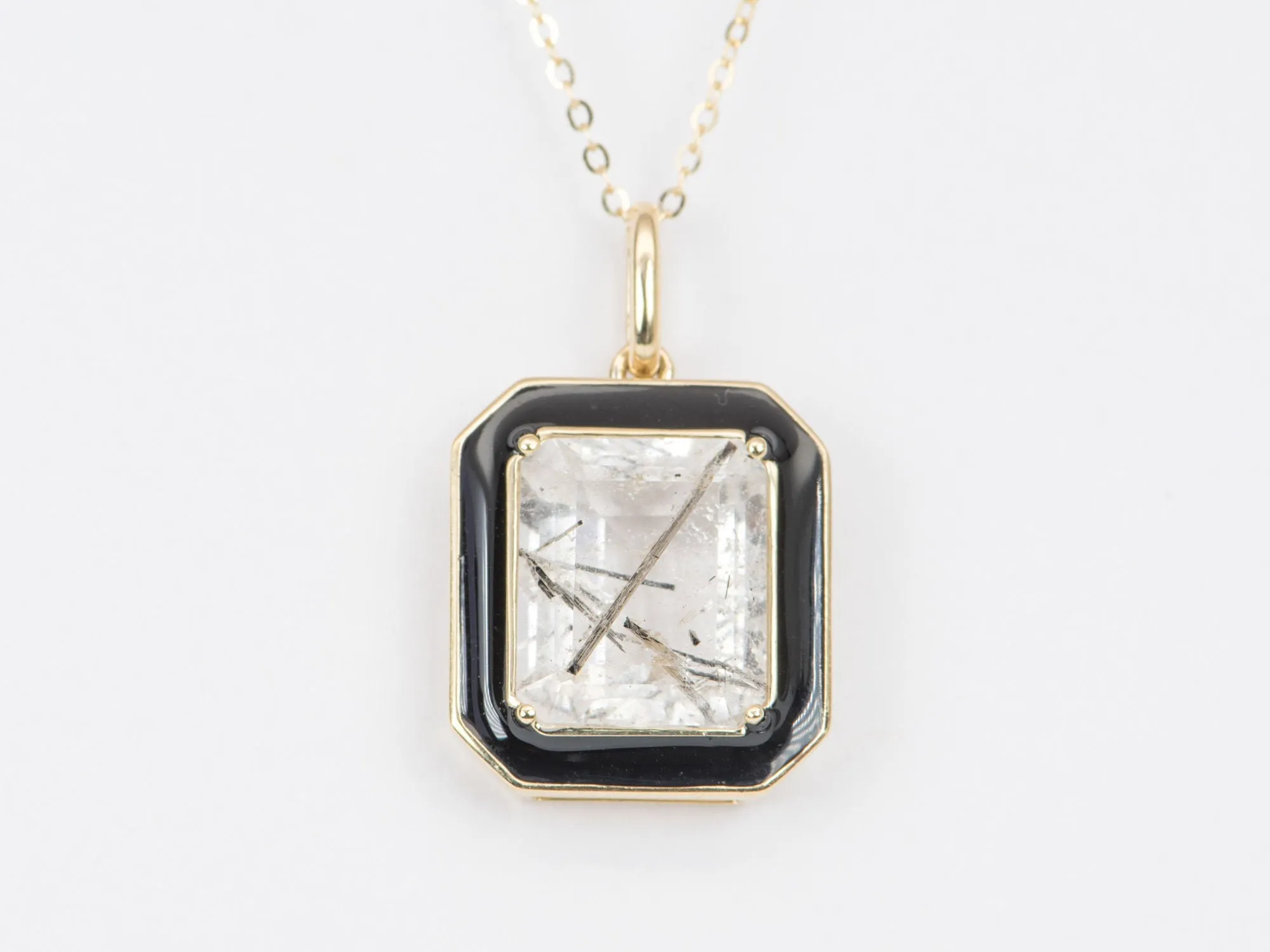 Large Tourmalted Quartz with Black Enamel Halo Pendant Charm 9K Gold R4248