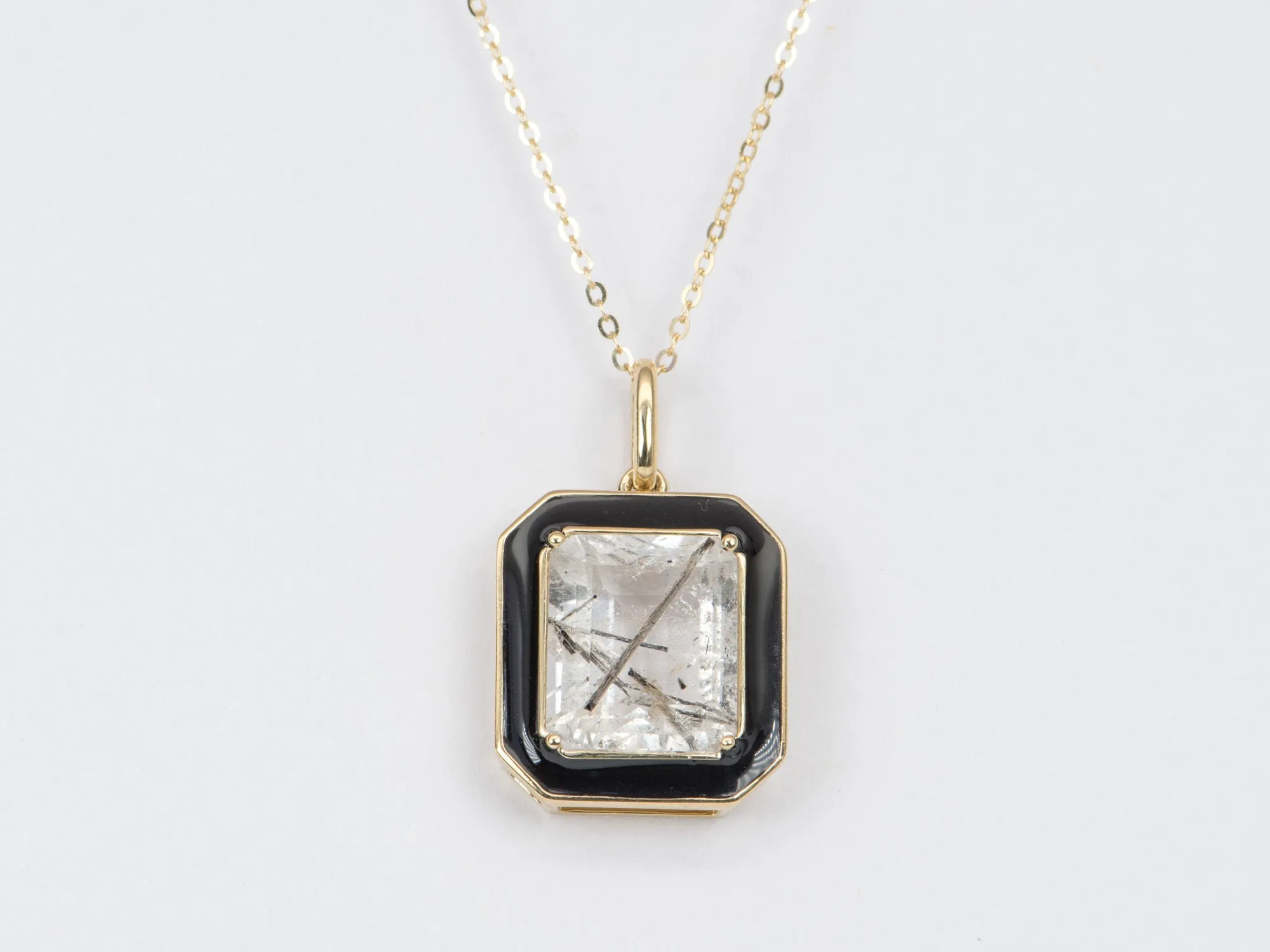 Large Tourmalted Quartz with Black Enamel Halo Pendant Charm 9K Gold R4248