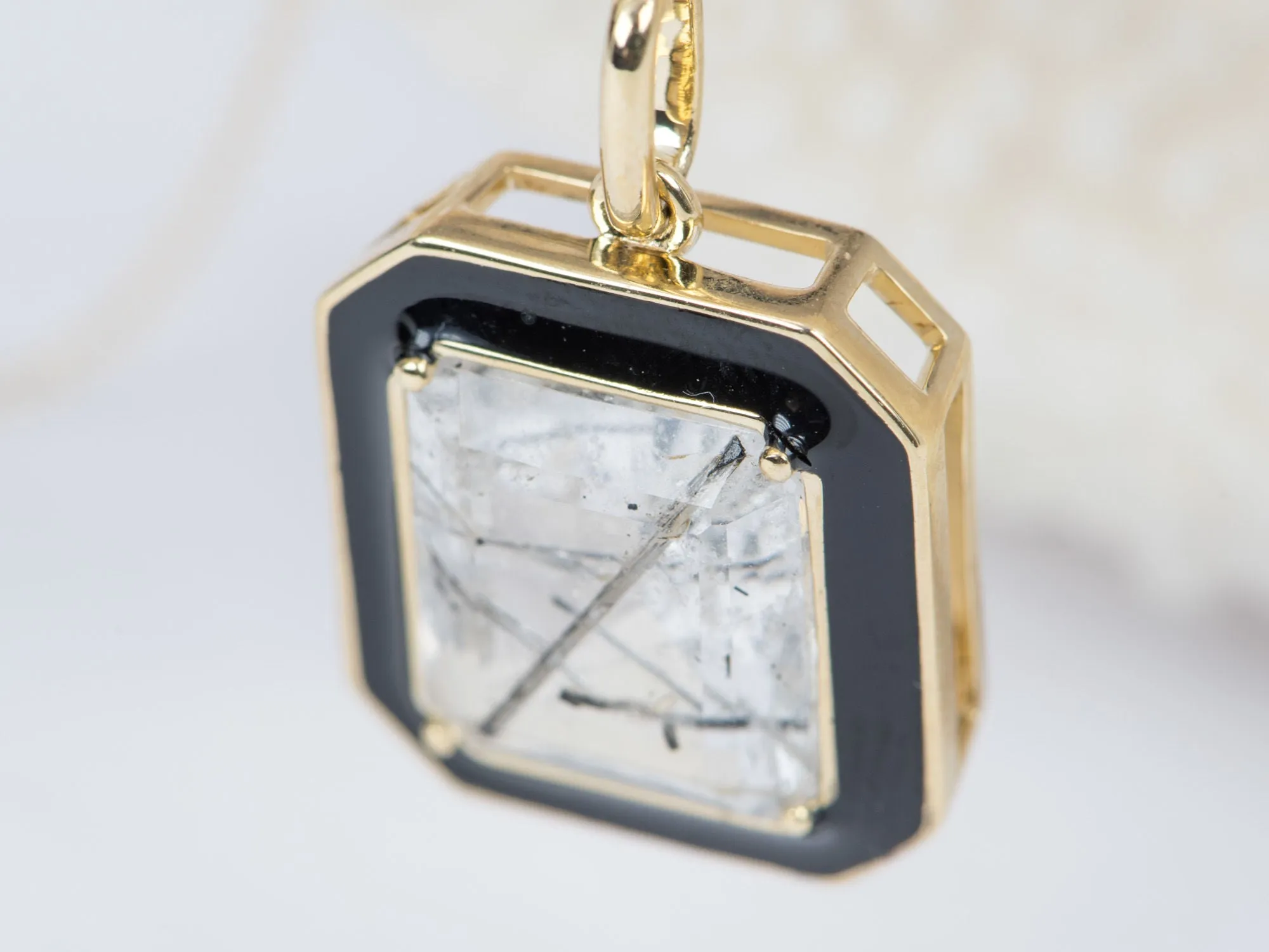 Large Tourmalted Quartz with Black Enamel Halo Pendant Charm 9K Gold R4248