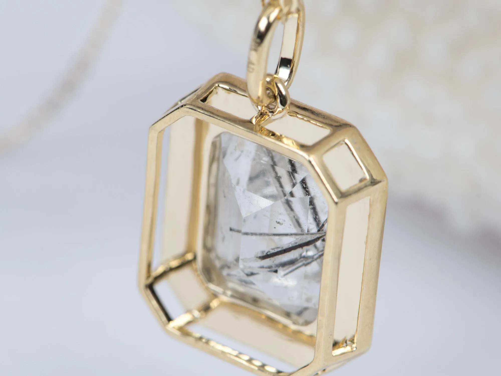 Large Tourmalted Quartz with Black Enamel Halo Pendant Charm 9K Gold R4248