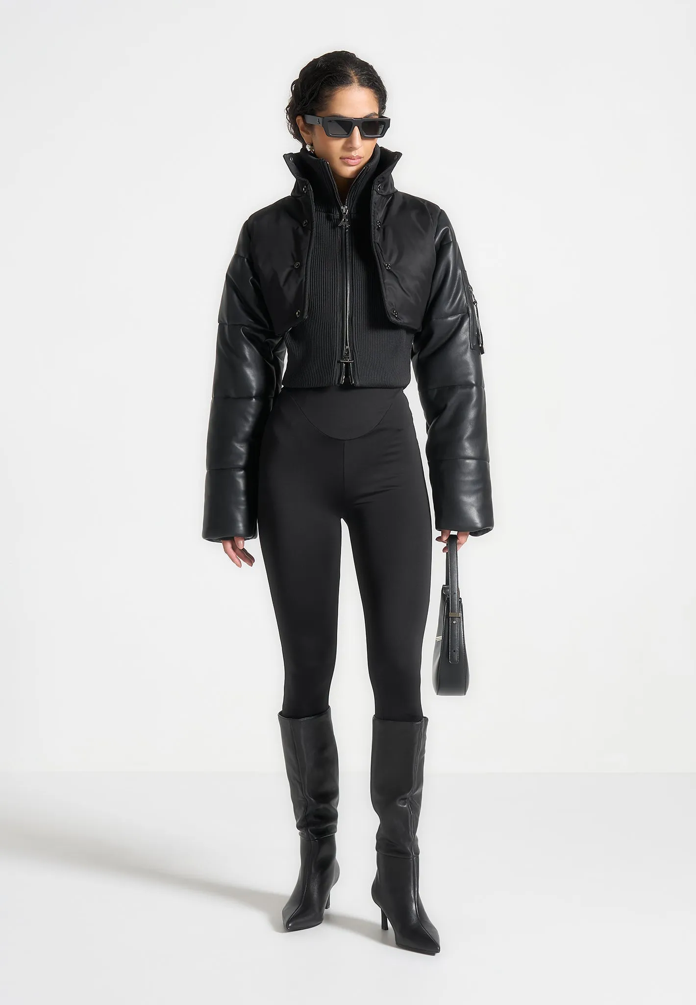 Leather and Nylon Layered Puffer Jacket - Black