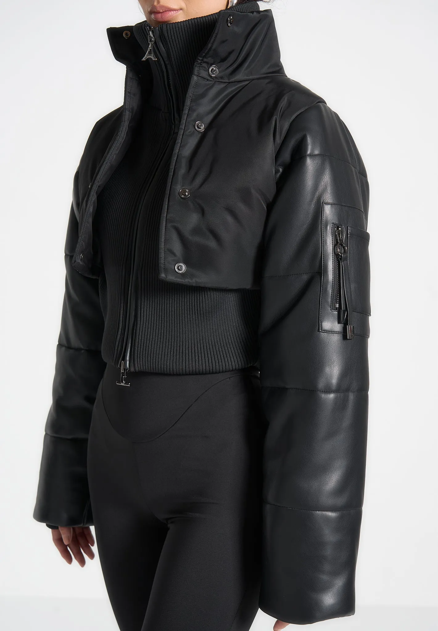 Leather and Nylon Layered Puffer Jacket - Black