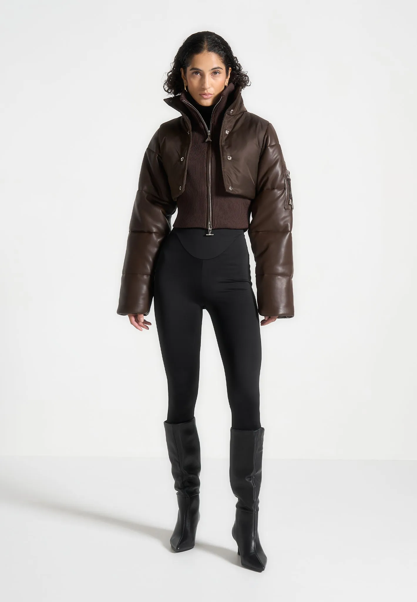 Leather and Nylon Layered Puffer Jacket - Brown