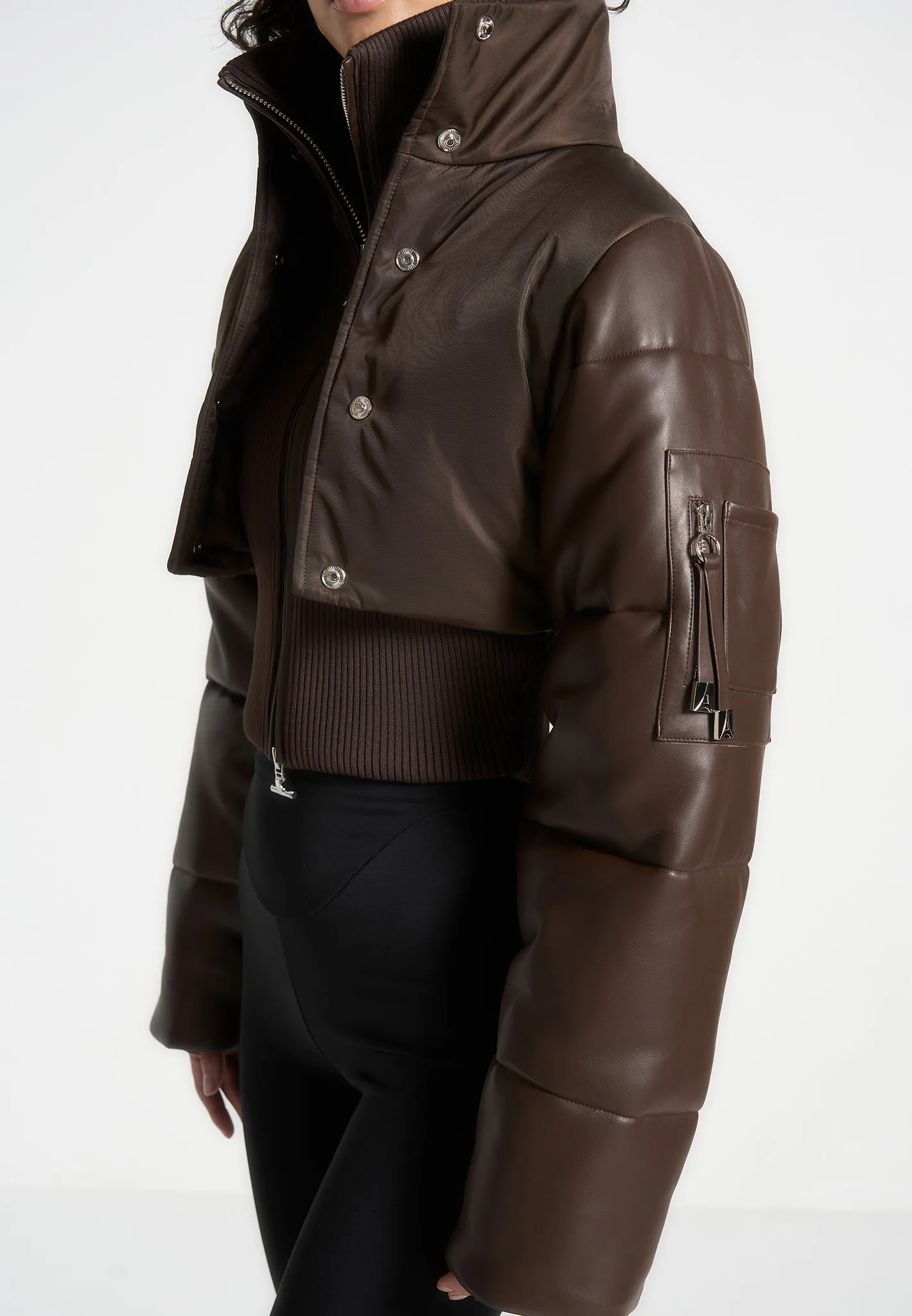 Leather and Nylon Layered Puffer Jacket - Brown