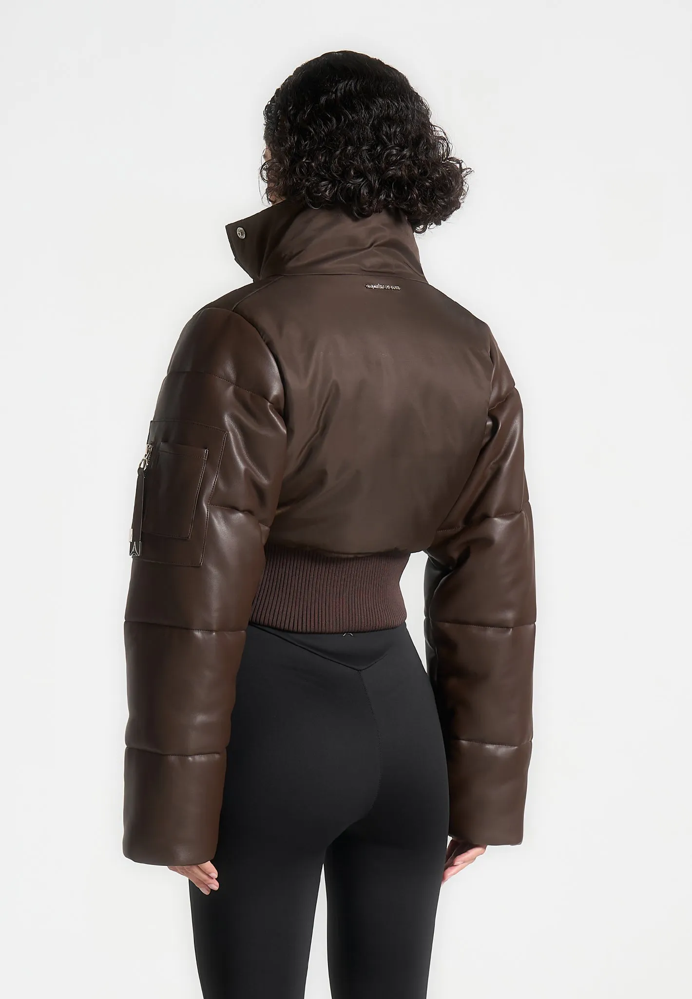 Leather and Nylon Layered Puffer Jacket - Brown