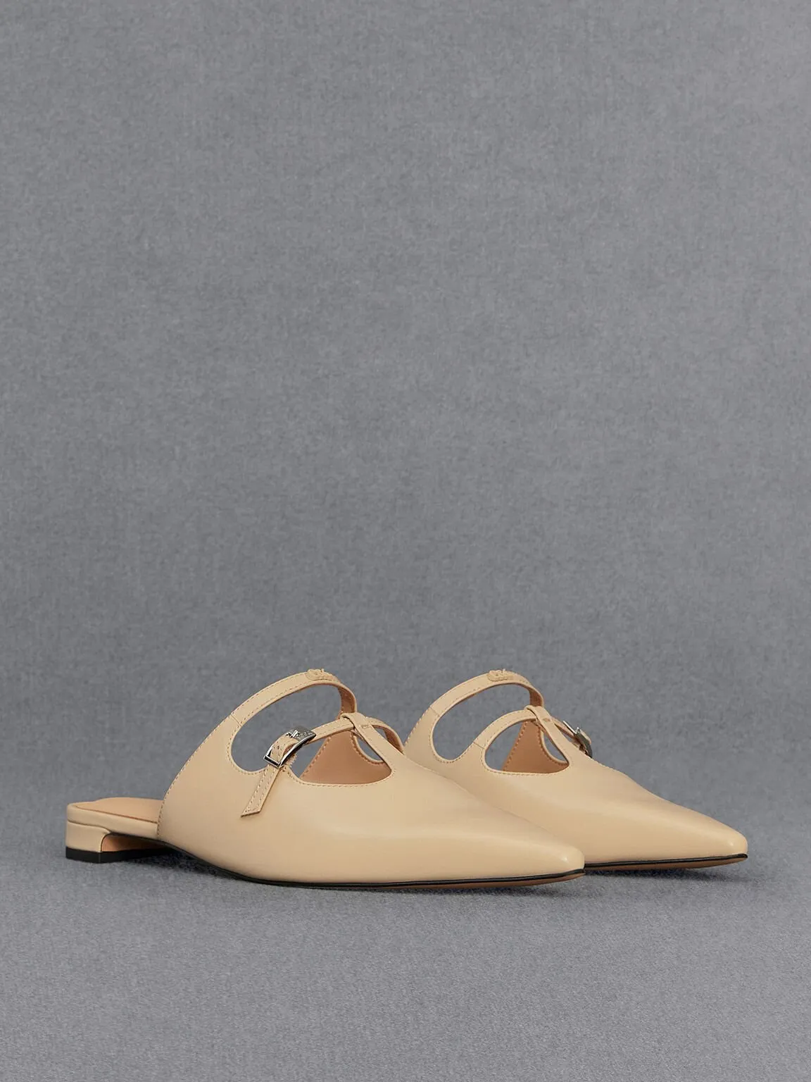 Leather T-Bar Double-Strap Mules - Beige