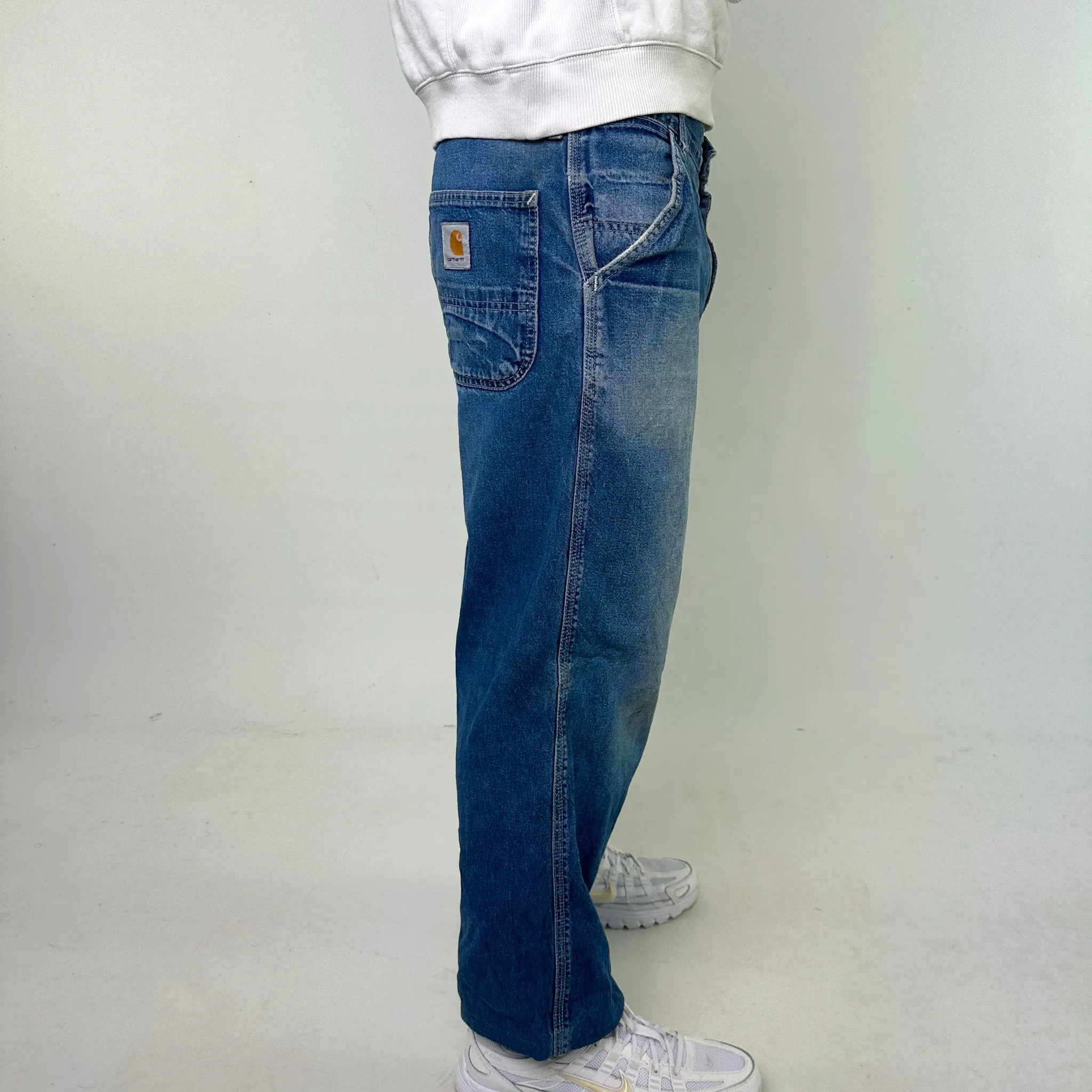 Light Blue Denim 90s Carhartt Cropped Cargo Skater Trousers Pants Jeans (36x26)