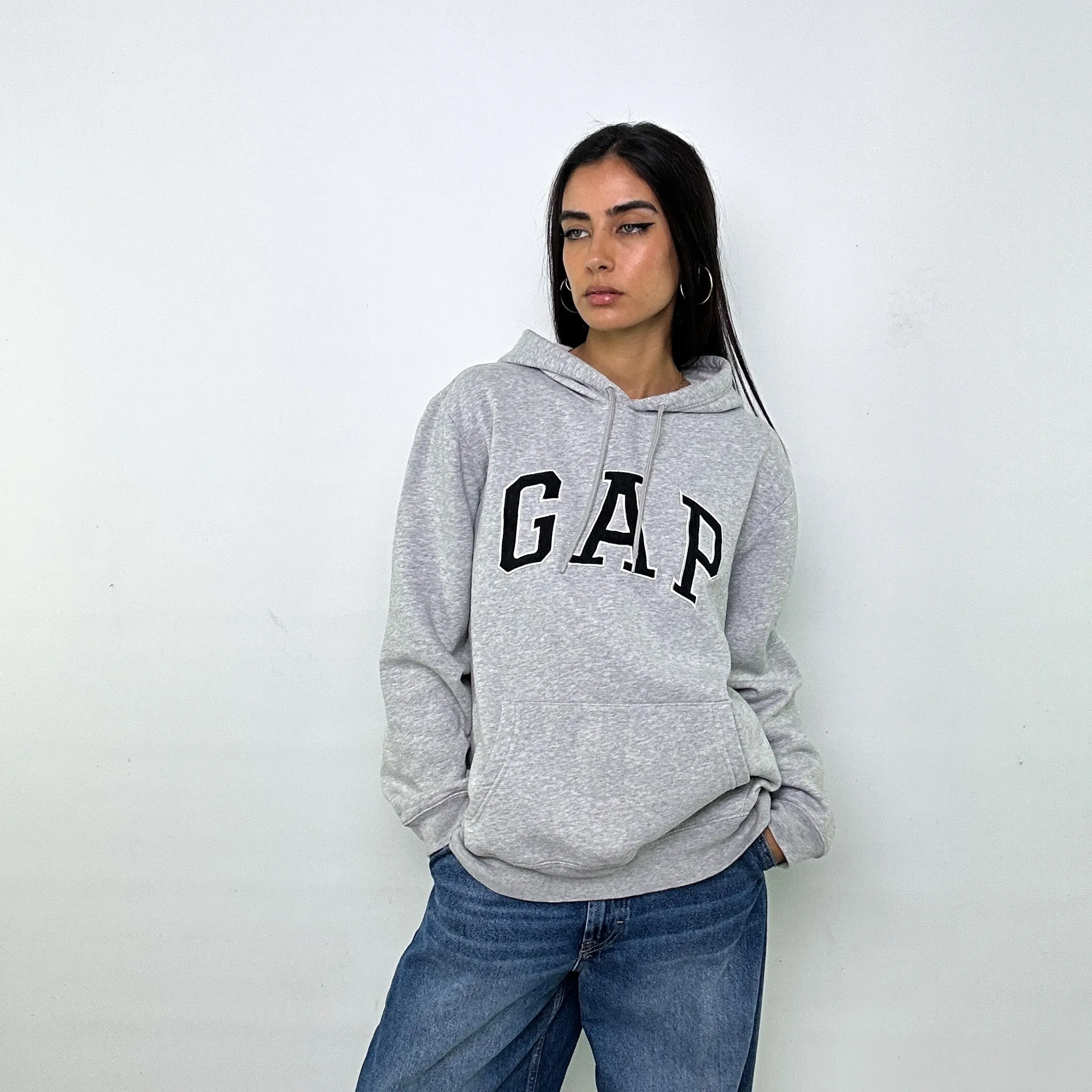 Light Grey 90s GAP Spellout Hoodie Sweatshirt (L)