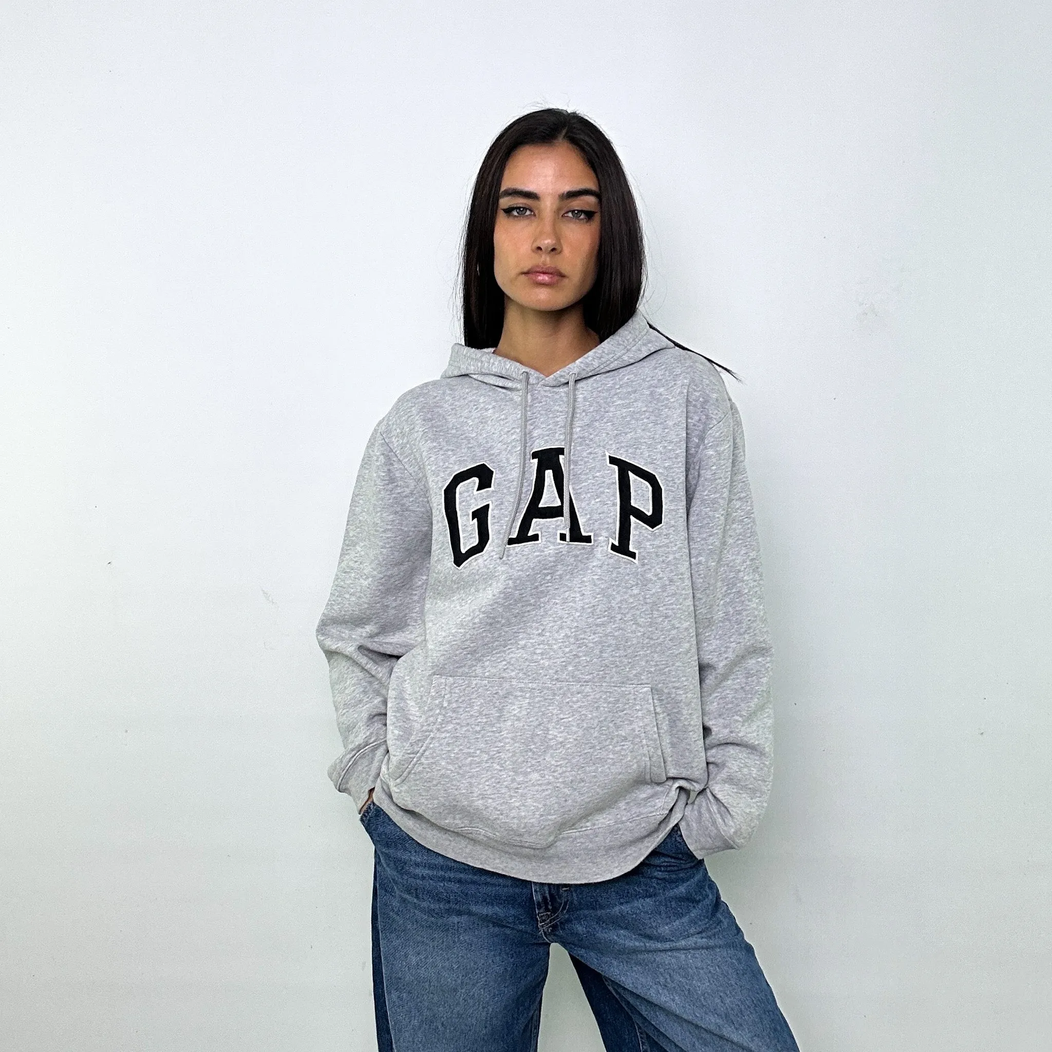 Light Grey 90s GAP Spellout Hoodie Sweatshirt (L)